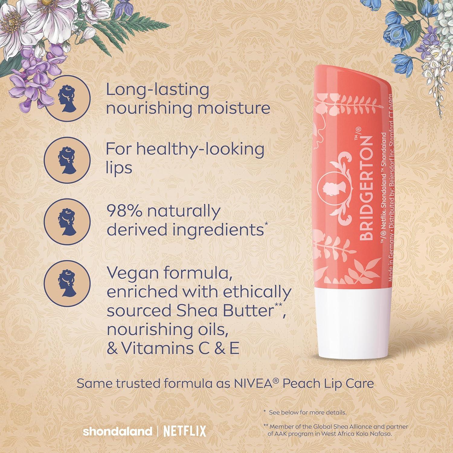 imageNIVEA Blackberry Pie Lip Balm Nourishing Lip Care Bridgerton Limited Edition Tinted Lip Balm with Blackberry Flavor and Shea Butter 3in1 Moisture Repair and Color 017 Oz StickBridgerton Peach Tea
