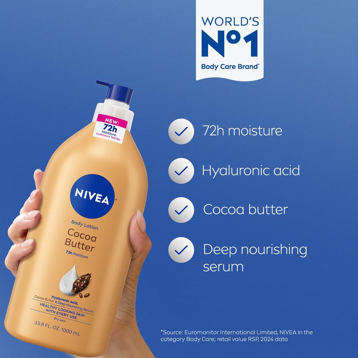 imageNIVEA Cocoa Butter Body Lotion for Dry Skin with Hyaluronic Acid Cocoa Butter and Deep Nourishing Serum 72Hour Body Moisturizer 338 Fl Oz Value Size Pump Bottle338 Fl Oz Pack of 1