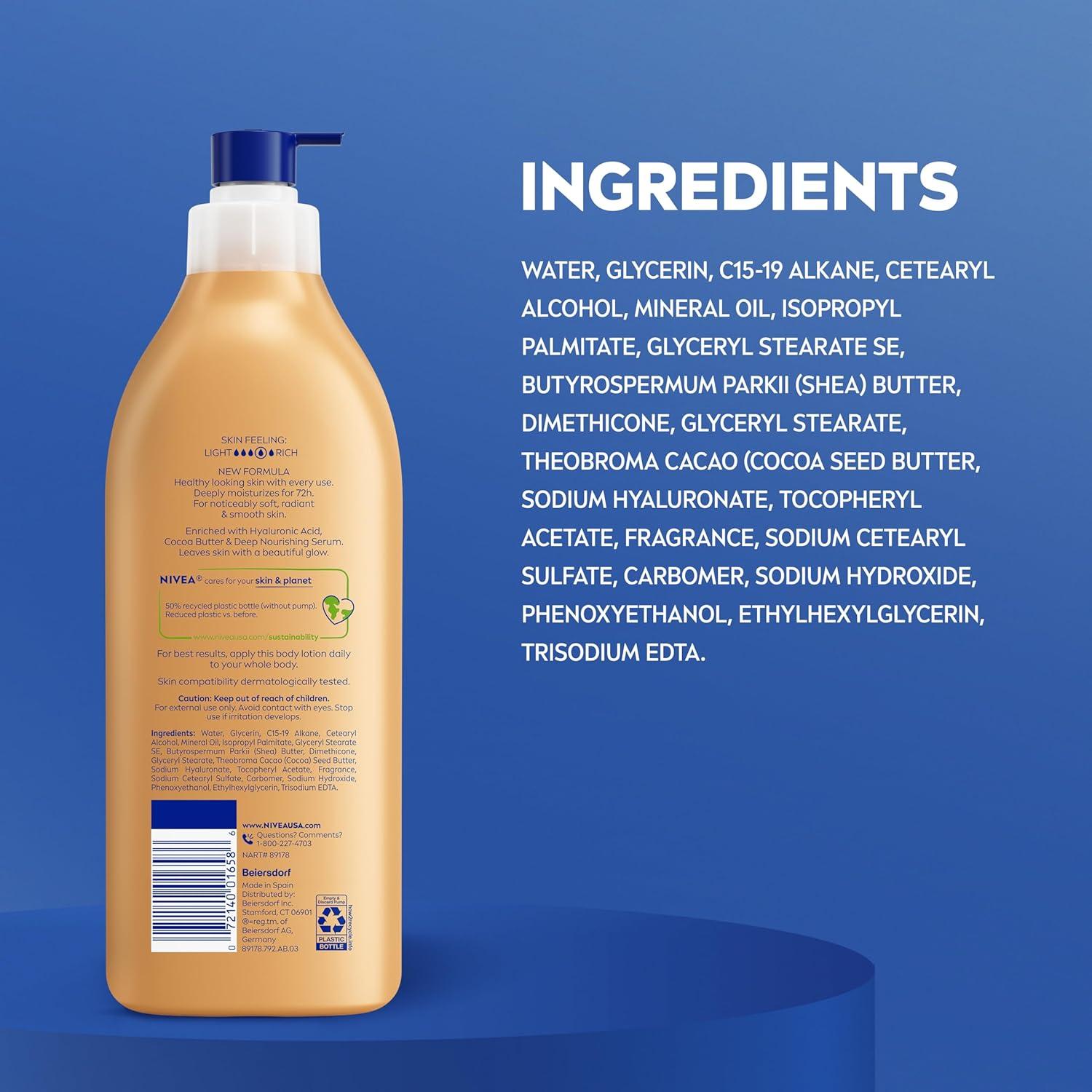 imageNIVEA Cocoa Butter Body Lotion for Dry Skin with Hyaluronic Acid Cocoa Butter and Deep Nourishing Serum 72Hour Body Moisturizer 338 Fl Oz Value Size Pump BottleLotion 169 oz