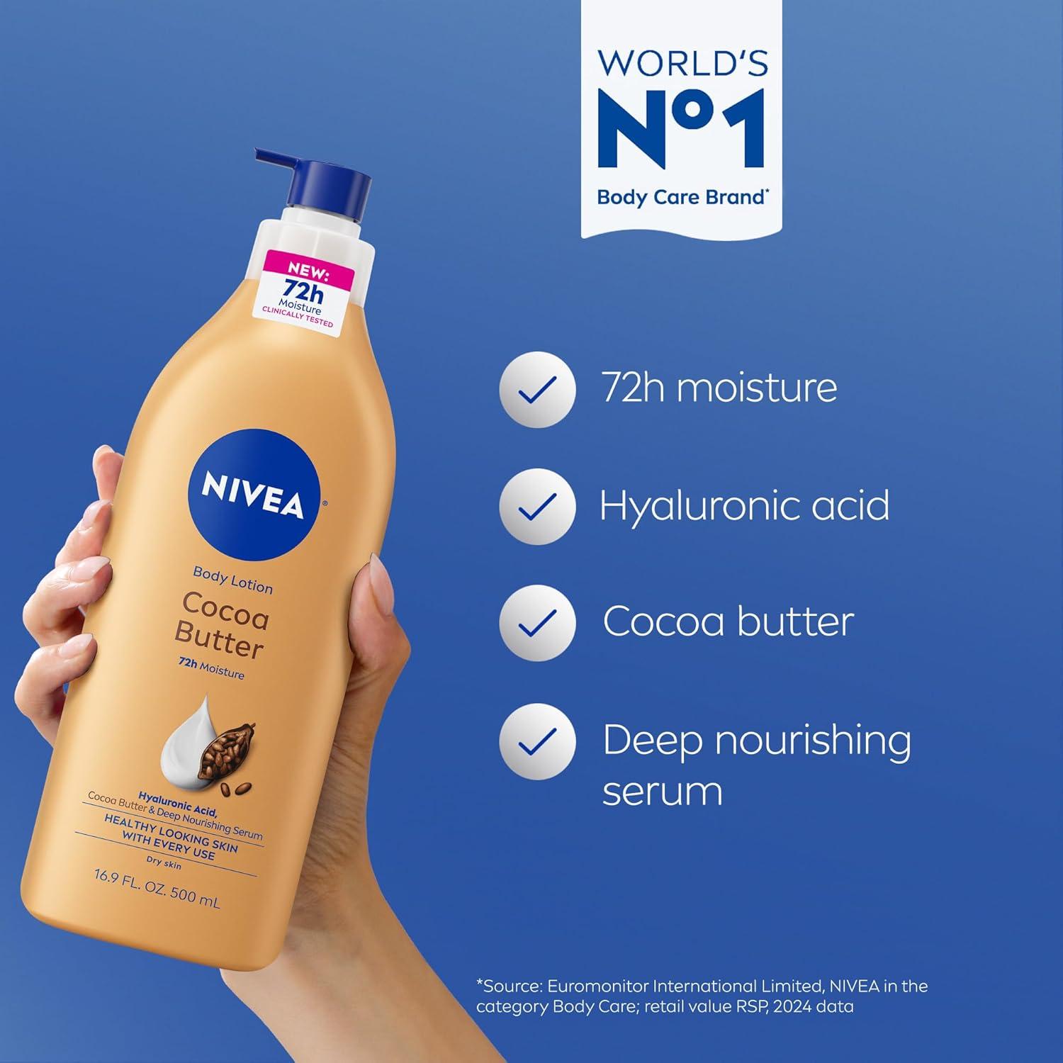 imageNIVEA Cocoa Butter Body Lotion for Dry Skin with Hyaluronic Acid Cocoa Butter and Deep Nourishing Serum 72Hour Body Moisturizer 338 Fl Oz Value Size Pump BottleLotion 169 oz