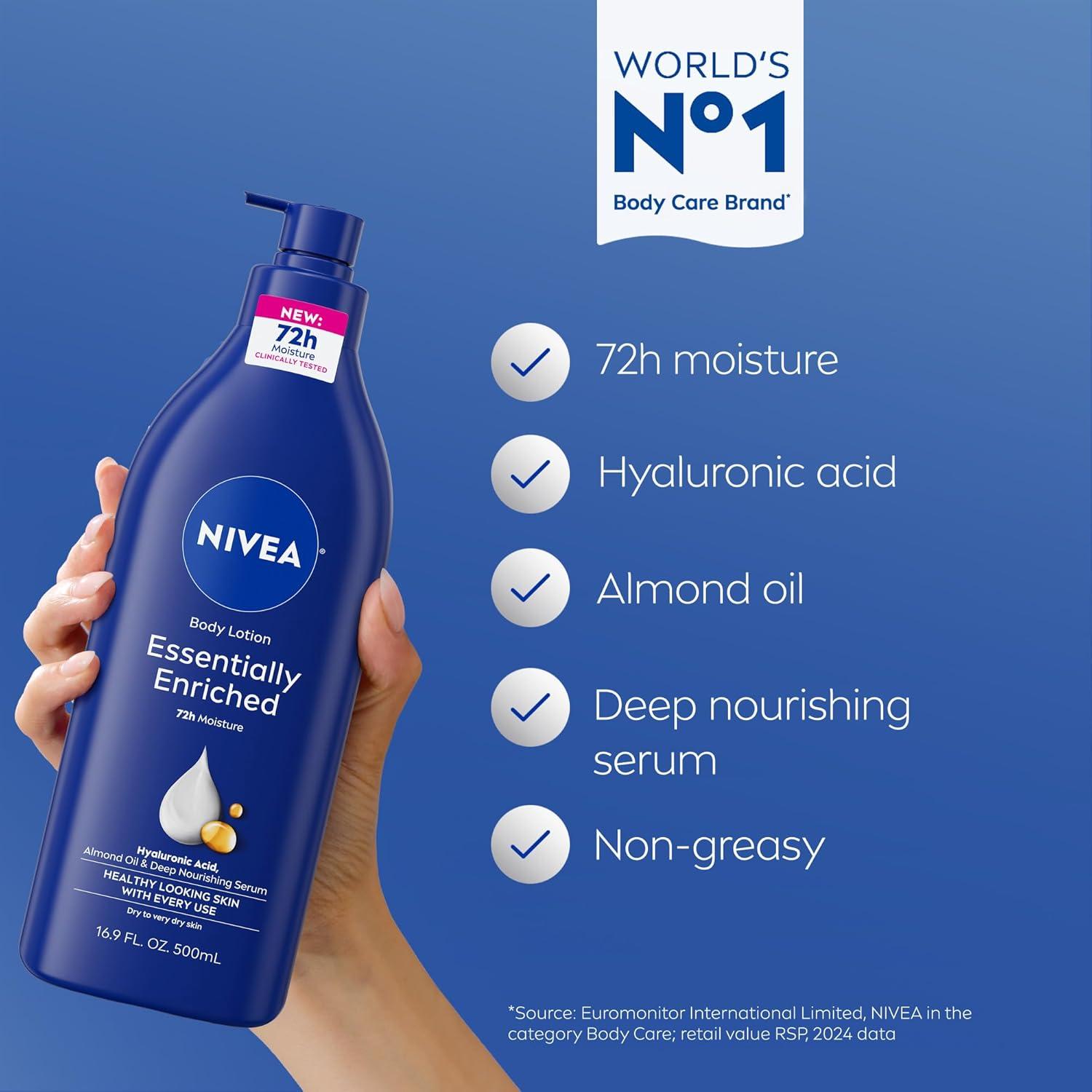 imageNIVEA Essentially Enriched Body Lotion for Very Dry Skin with Hyaluronic Acid Almond Oil and Deep Nourishing Serum 72Hour Body Moisturizer 169 Fl Oz Pump Bottle