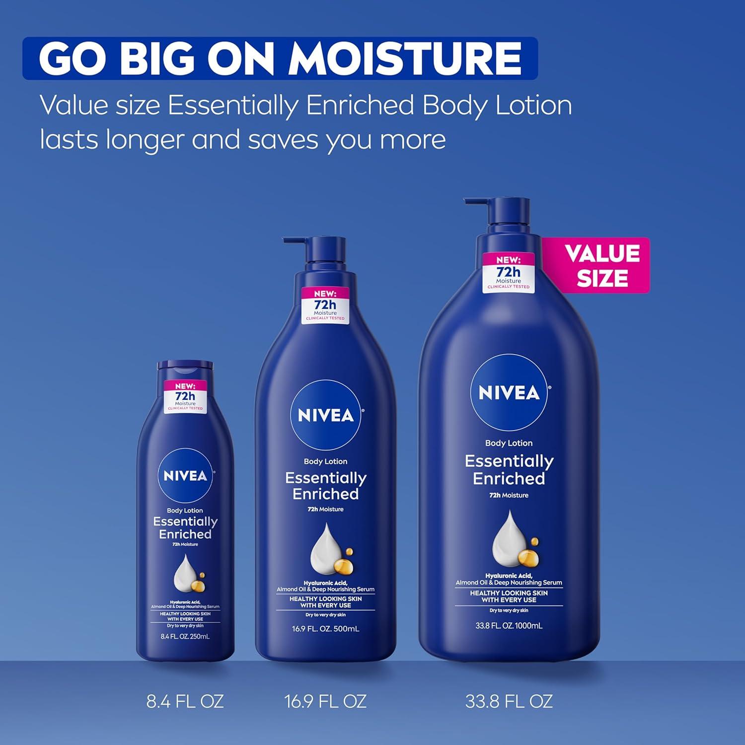 imageNIVEA Essentially Enriched Body Lotion for Very Dry Skin with Hyaluronic Acid Almond Oil and Deep Nourishing Serum 72Hour Body Moisturizer 338 Fl Oz Value Size Pump Bottle