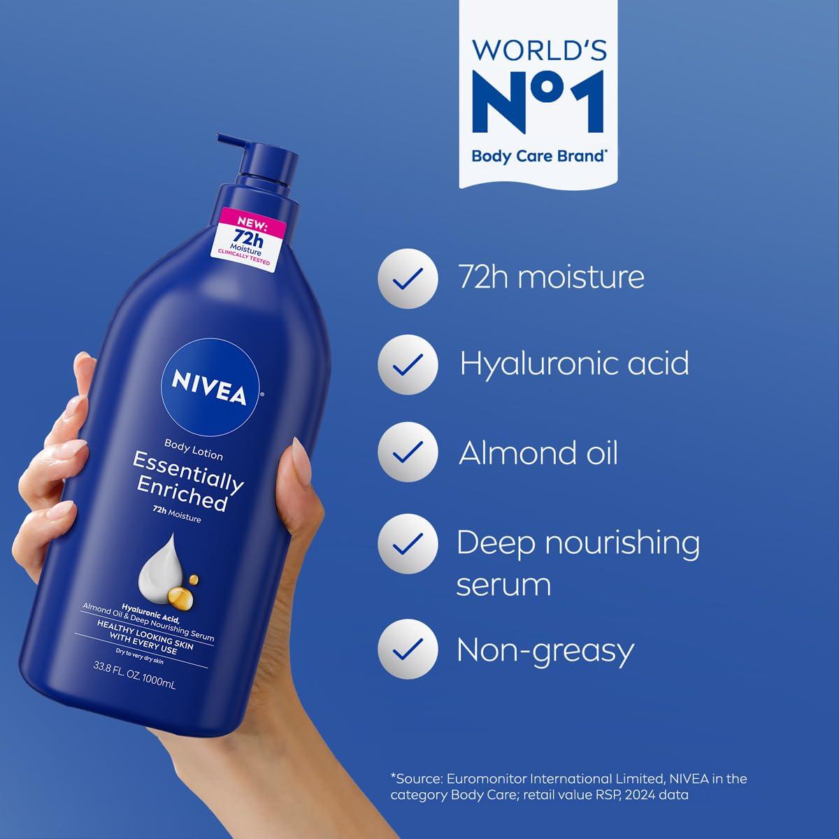 imageNIVEA Essentially Enriched Body Lotion for Very Dry Skin with Hyaluronic Acid Almond Oil and Deep Nourishing Serum 72Hour Body Moisturizer 338 Fl Oz Value Size Pump Bottle