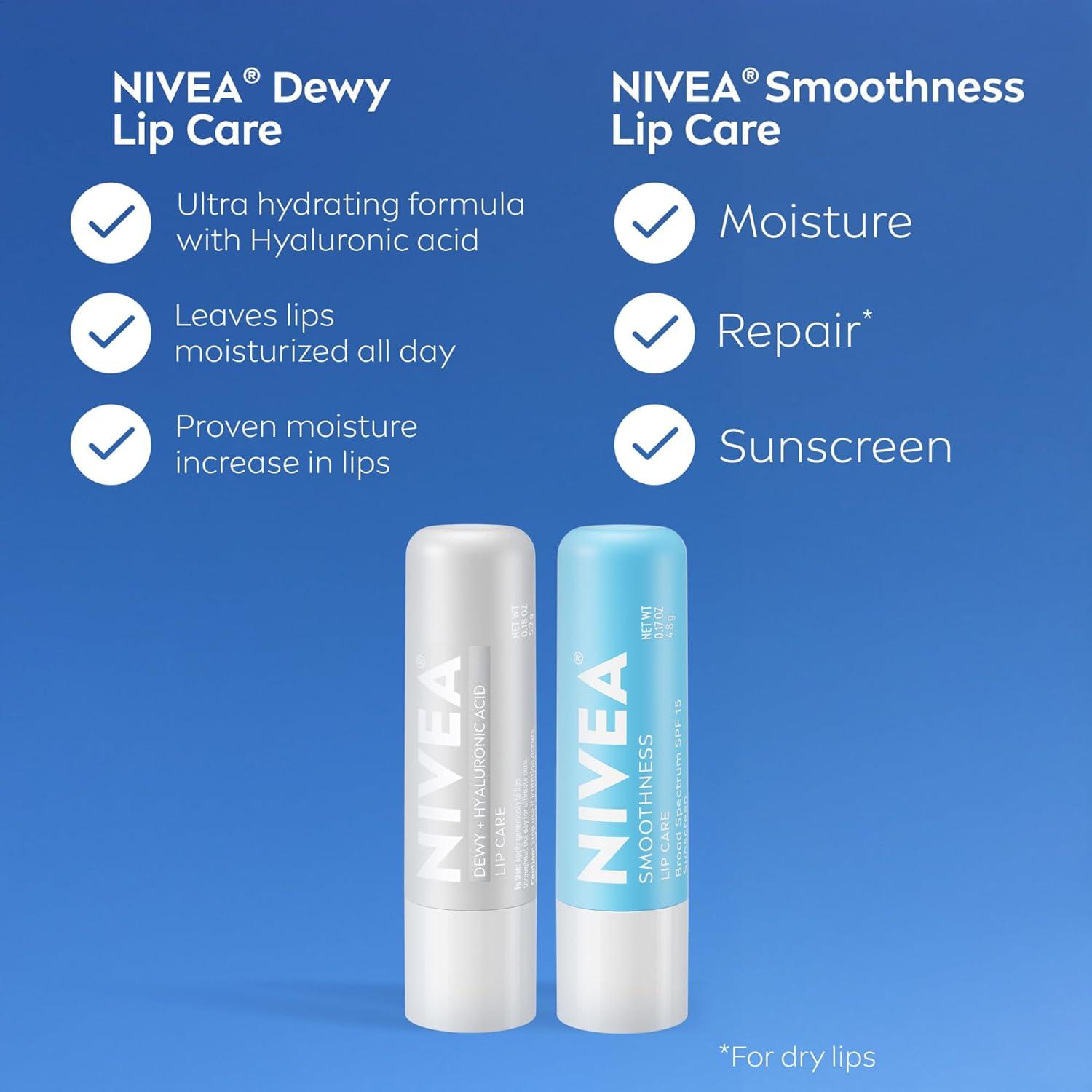 imageNIVEA Lip Balm Set Smoothness Lip Care with Broad Spectrum SPF 15 Sunscreen 017 Oz Pack of 4 Dewy with Hyaluronic Acid 018 Oz Pack of 4 LongLasting Moisture017 Ounce Pack of 8
