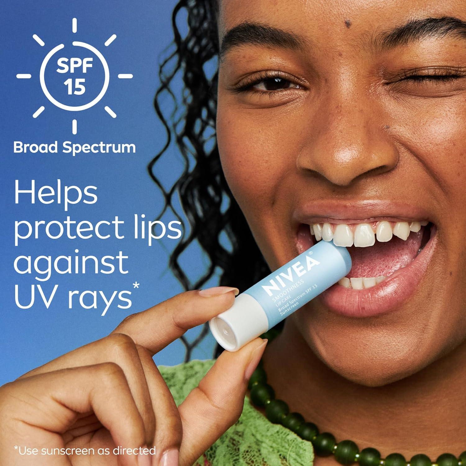 imageNIVEA Lip Balm Set Smoothness Lip Care with Broad Spectrum SPF 15 Sunscreen 017 Oz Pack of 4 Dewy with Hyaluronic Acid 018 Oz Pack of 4 LongLasting Moisture017 Ounce Pack of 8
