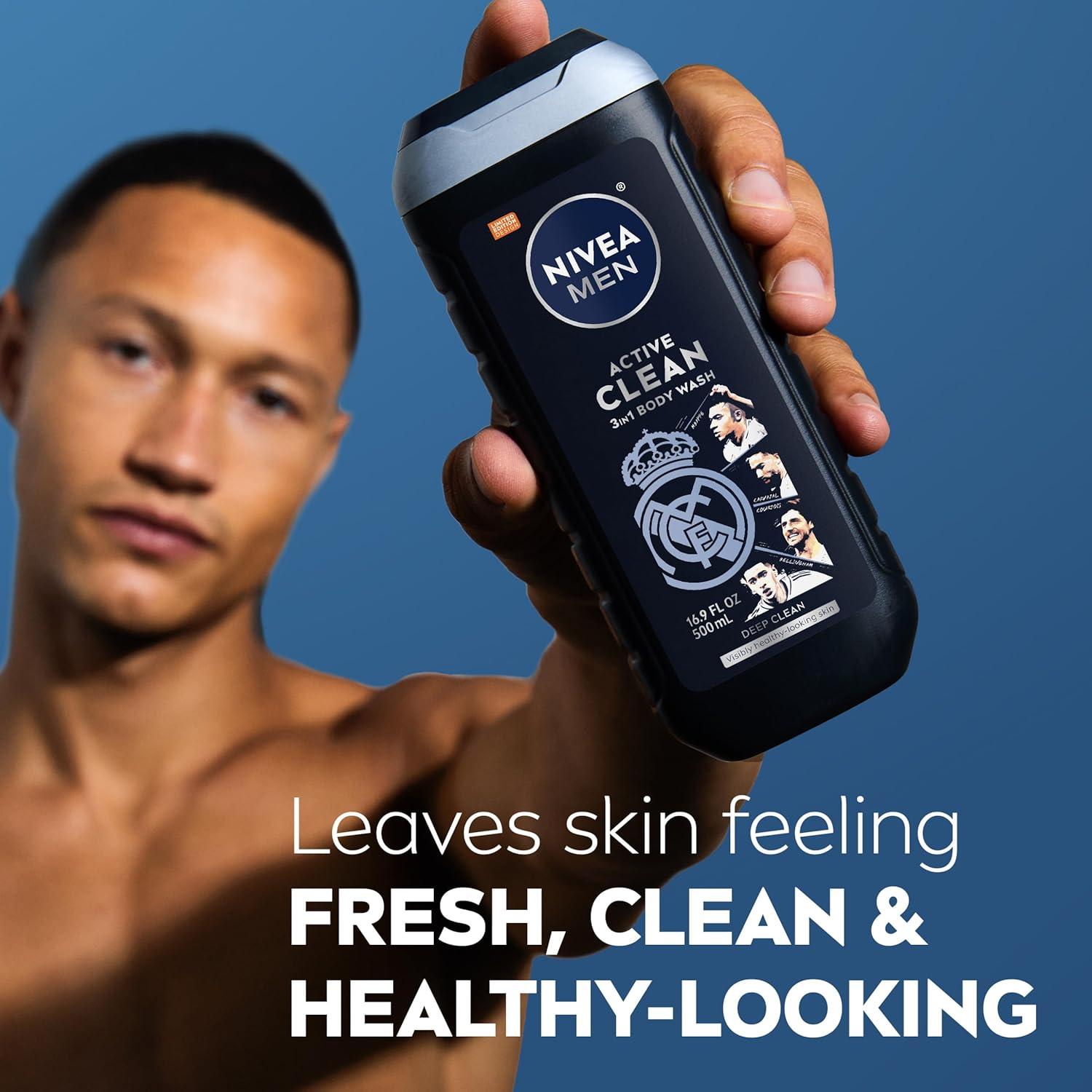 imageNIVEA MEN Real Madrid Limited Edition Design Active Clean Body Wash with Natural Charcoal for Normal to Oily Skin 3in1 Charcoal Body Wash Face and Hair 169 Fl Oz Bottle Pack of 3169 Fl Oz Pack of 3