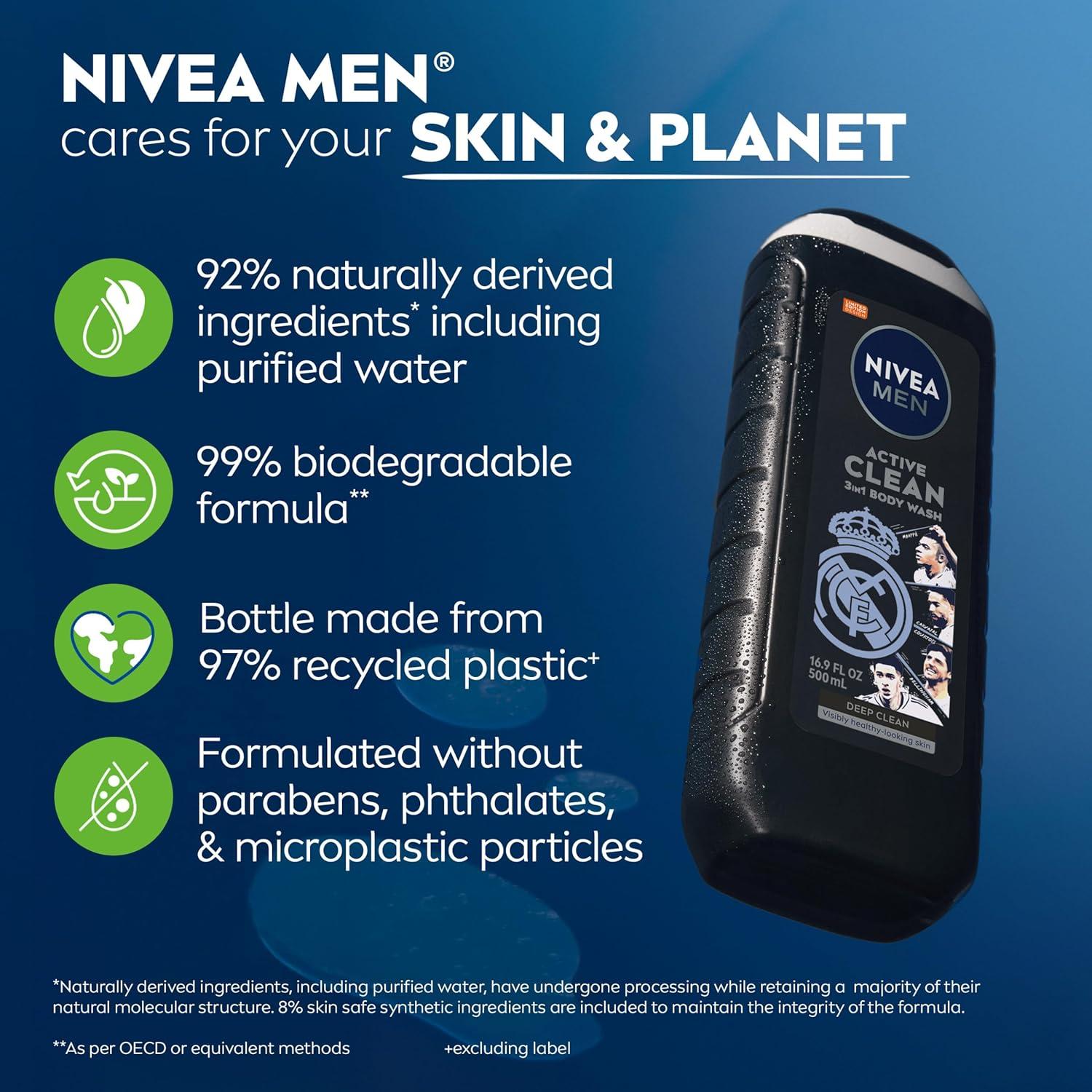 imageNIVEA MEN Real Madrid Limited Edition Design Active Clean Body Wash with Natural Charcoal for Normal to Oily Skin 3in1 Charcoal Body Wash Face and Hair 169 Fl Oz Bottle Pack of 3169 Fl Oz Pack of 3