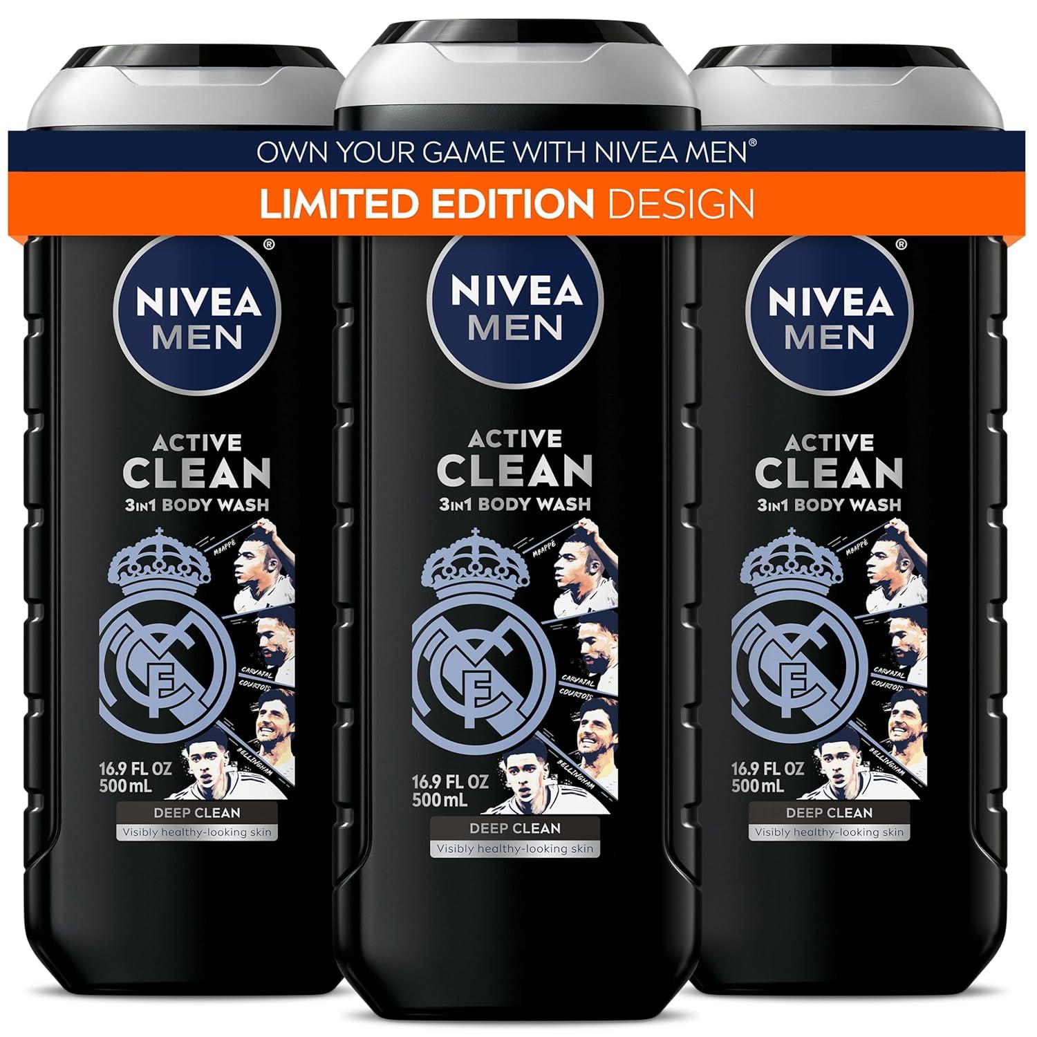 imageNIVEA MEN Real Madrid Limited Edition Design Active Clean Body Wash with Natural Charcoal for Normal to Oily Skin 3in1 Charcoal Body Wash Face and Hair 169 Fl Oz Bottle Pack of 3169 Fl Oz Pack of 3