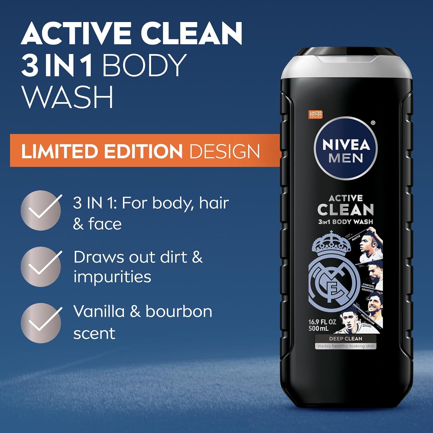 imageNIVEA MEN Real Madrid Limited Edition Design Active Clean Body Wash with Natural Charcoal for Normal to Oily Skin 3in1 Charcoal Body Wash Face and Hair 169 Fl Oz Bottle Pack of 3169 Fl Oz Pack of 3