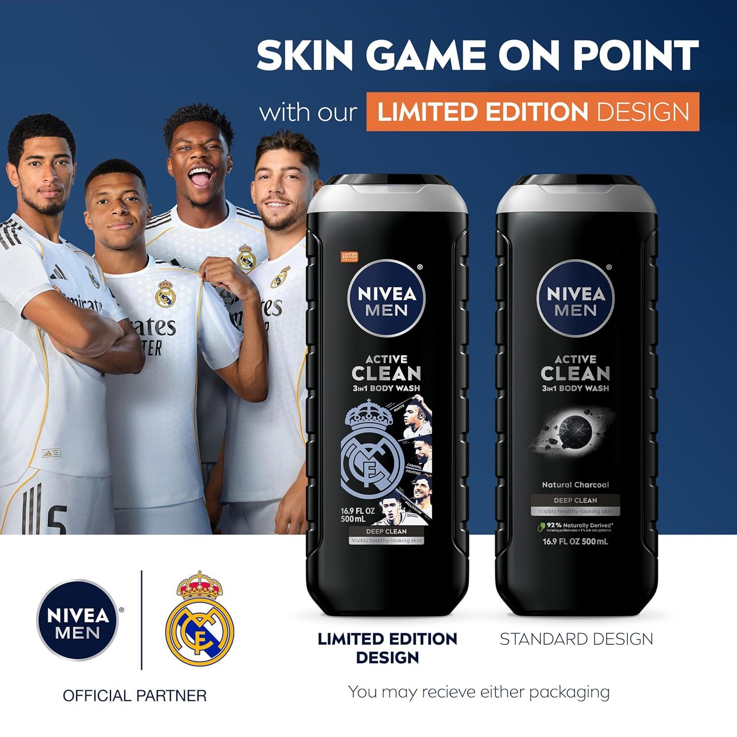 imageNIVEA MEN Real Madrid Limited Edition Design Active Clean Body Wash with Natural Charcoal for Normal to Oily Skin 3in1 Charcoal Body Wash Face and Hair 169 Fl Oz Bottle Pack of 3169 Fl Oz Pack of 3
