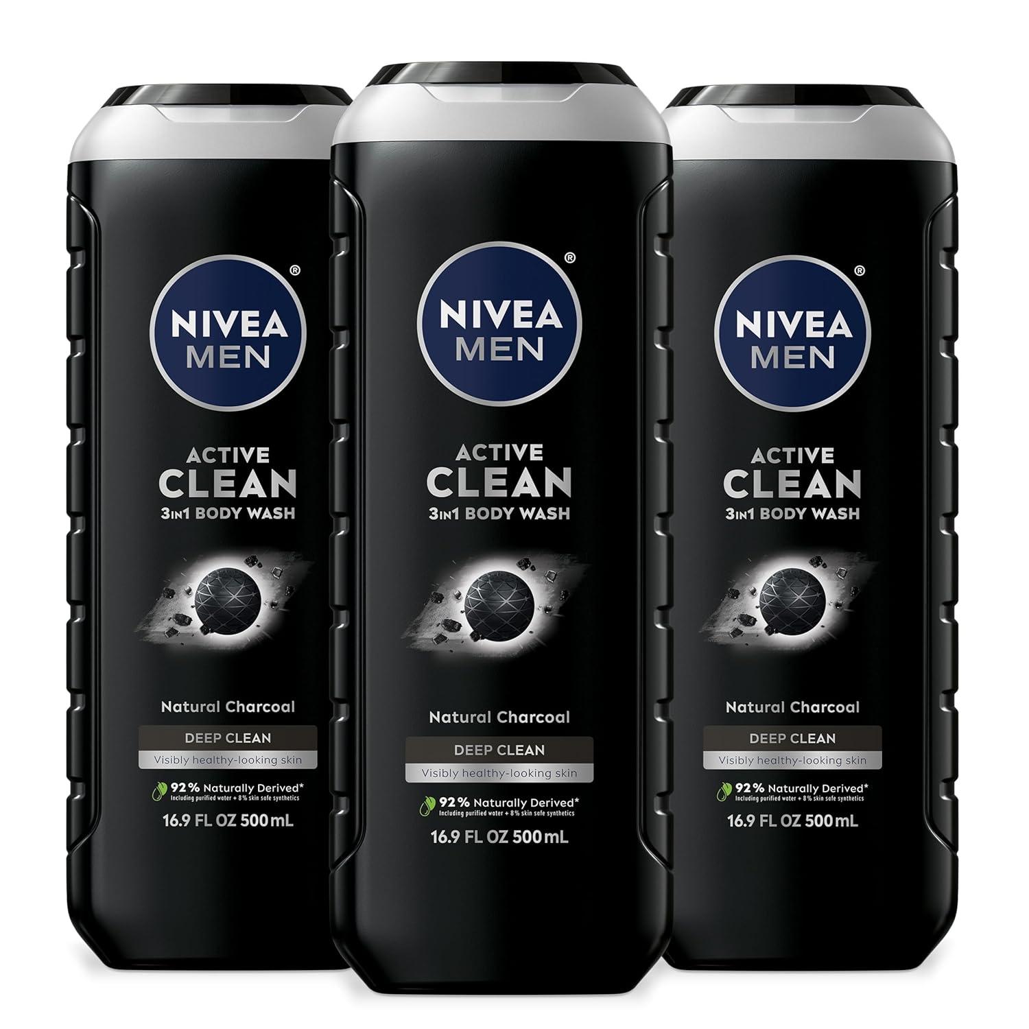 imageNIVEA MEN Real Madrid Limited Edition Design Active Clean Body Wash with Natural Charcoal for Normal to Oily Skin 3in1 Charcoal Body Wash Face and Hair 169 Fl Oz Bottle Pack of 3169 Fl Oz Pack of 3