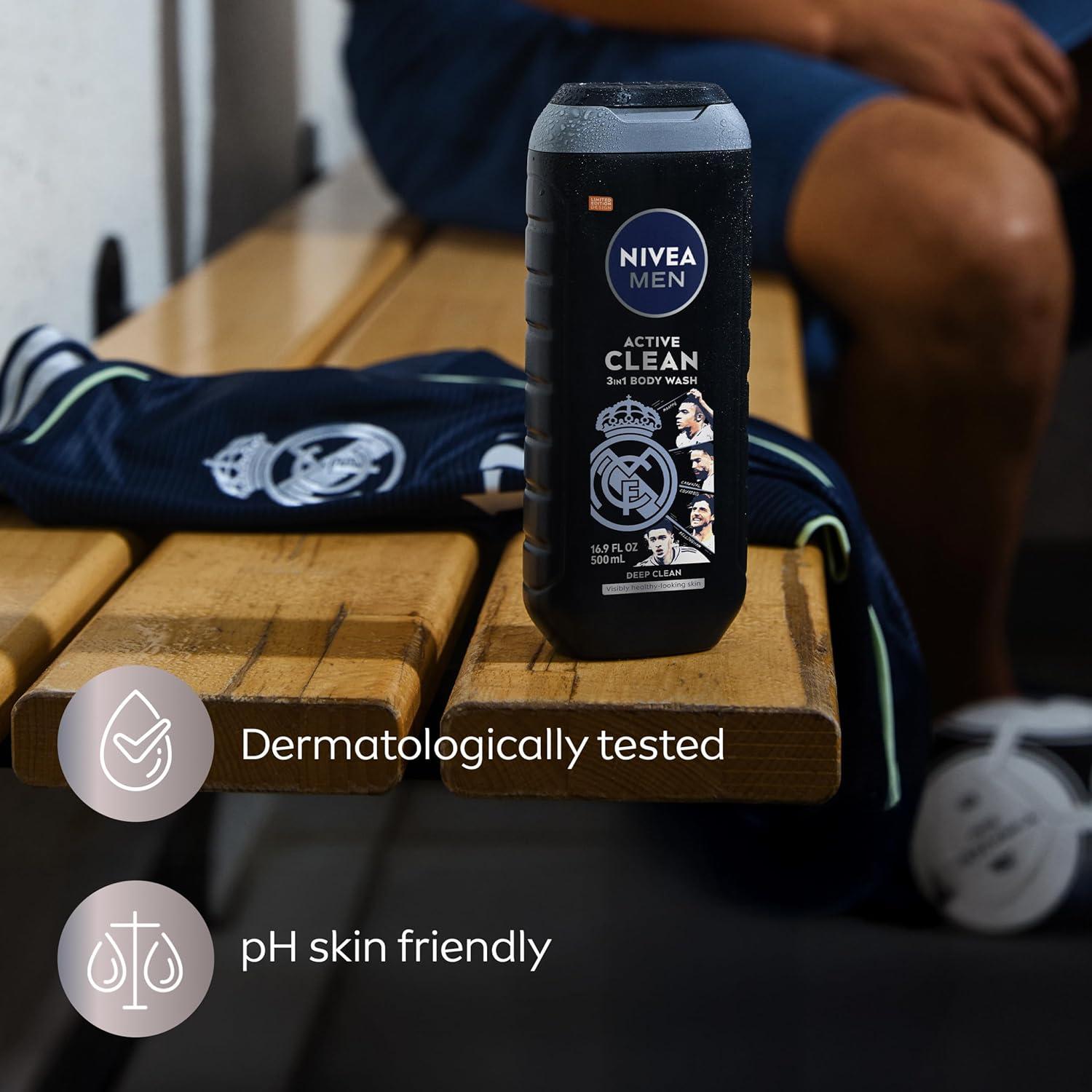 imageNIVEA MEN Real Madrid Limited Edition Design Active Clean Body Wash with Natural Charcoal for Normal to Oily Skin 3in1 Charcoal Body Wash Face and Hair 169 Fl Oz Bottle Pack of 3169 Fl Oz Pack of 3