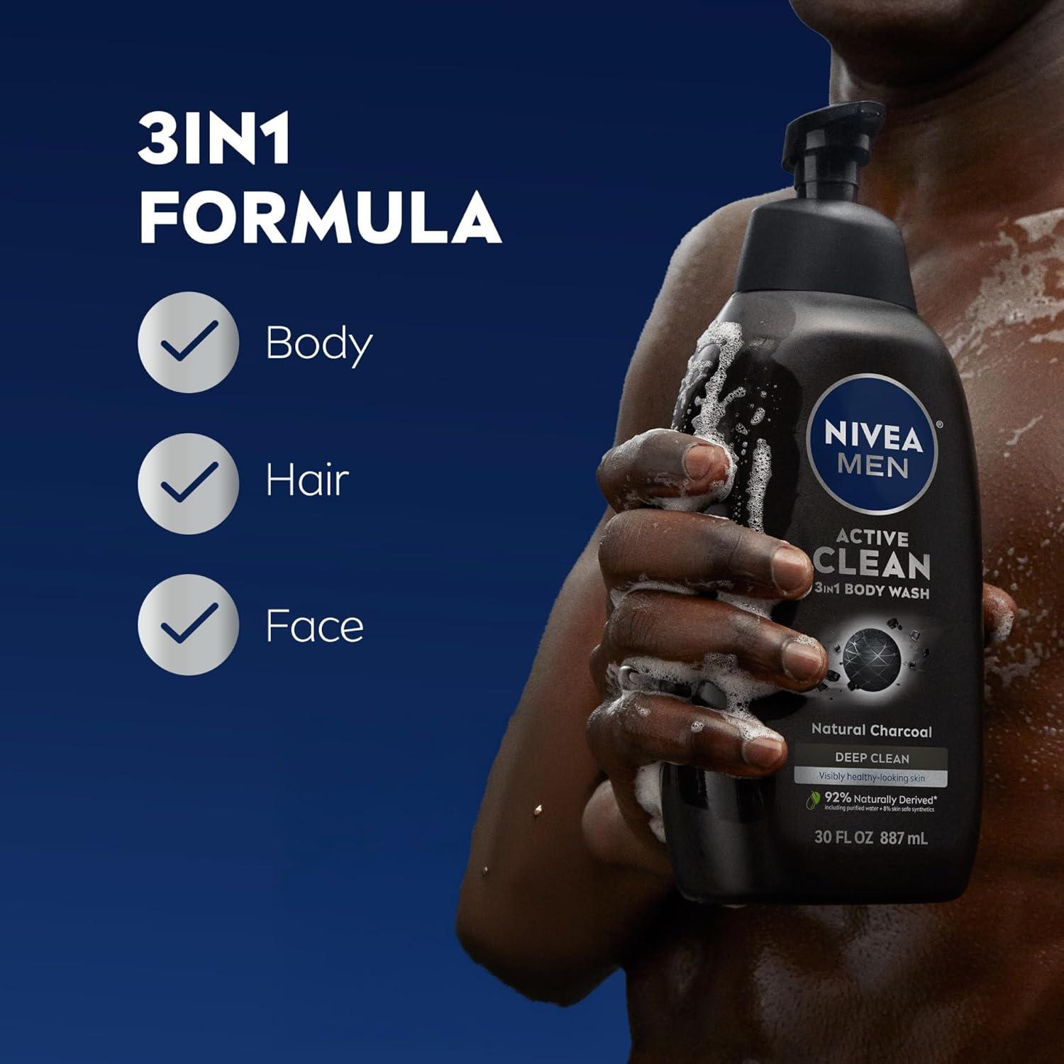 imageNIVEA MEN Real Madrid Limited Edition Design Active Clean Body Wash with Natural Charcoal for Normal to Oily Skin 3in1 Charcoal Body Wash Face and Hair 169 Fl Oz Bottle Pack of 330 Fl Oz Pack of 2