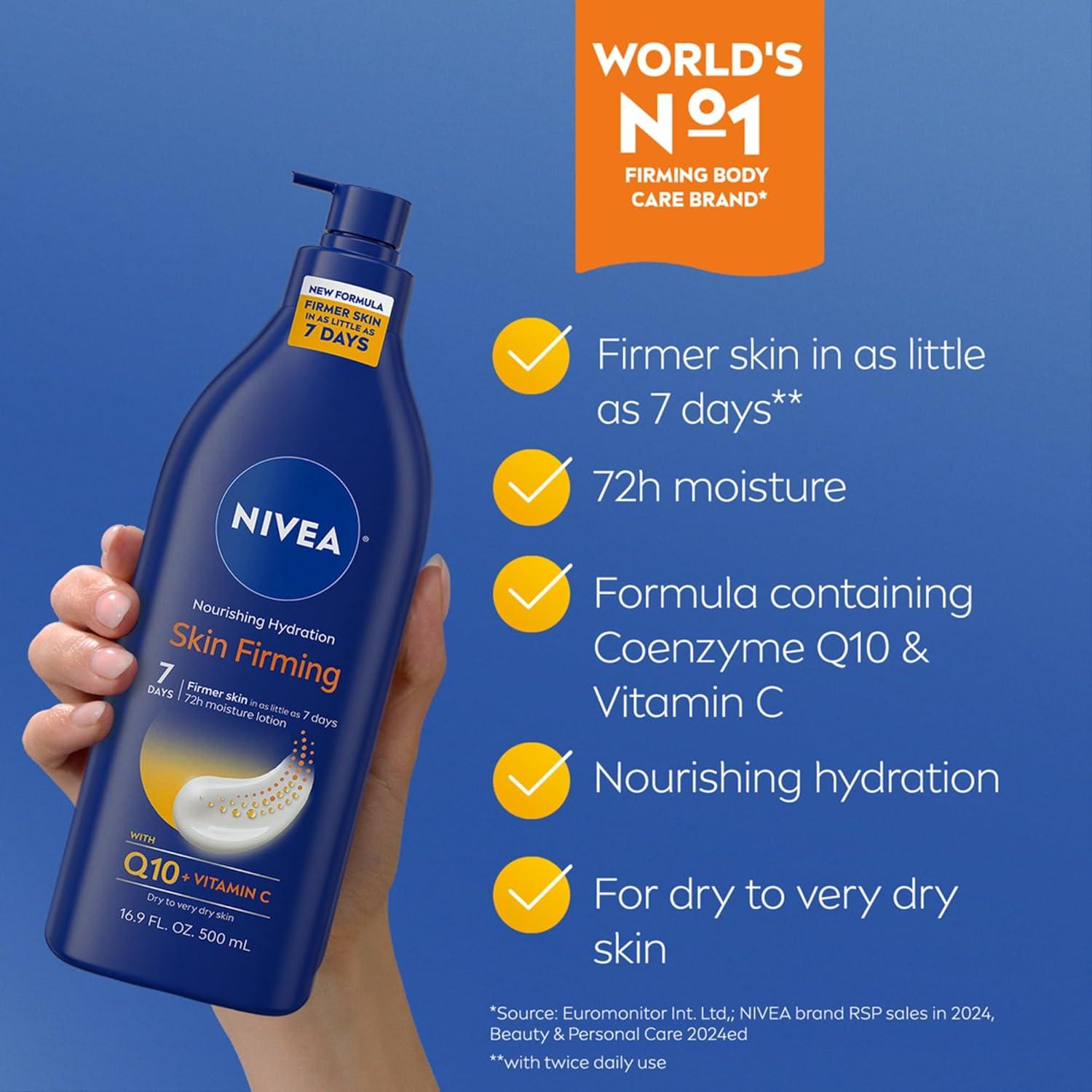 imageNIVEA Nourishing Hydration Skin Firming Body Lotion with Q10 and Vitamin C 72Hour Body Moisturizer for Dry to Very Dry Skin 169 Fl Oz Pump Bottle