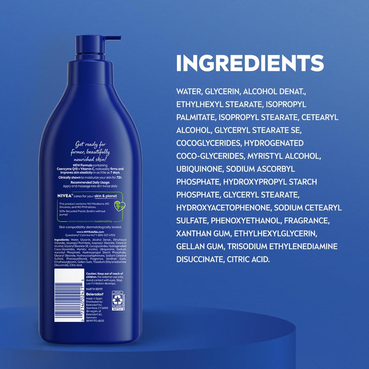 imageNIVEA Nourishing Hydration Skin Firming Body Lotion with Q10 and Vitamin C 72Hour Body Moisturizer for Dry to Very Dry Skin 169 Fl Oz Pump Bottle