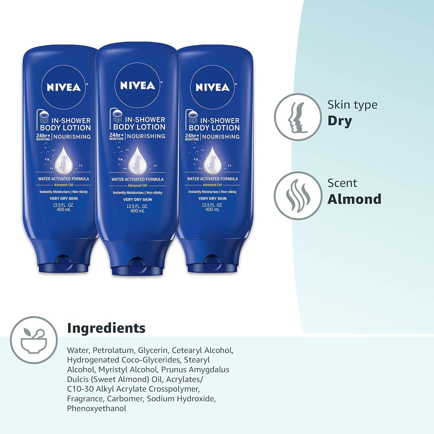 imageNIVEA Nourishing In Shower Lotion Water Activated In Shower Moisturizer for Dry to Very Dry Skin 135 FL OZ Pack of 3Almond
