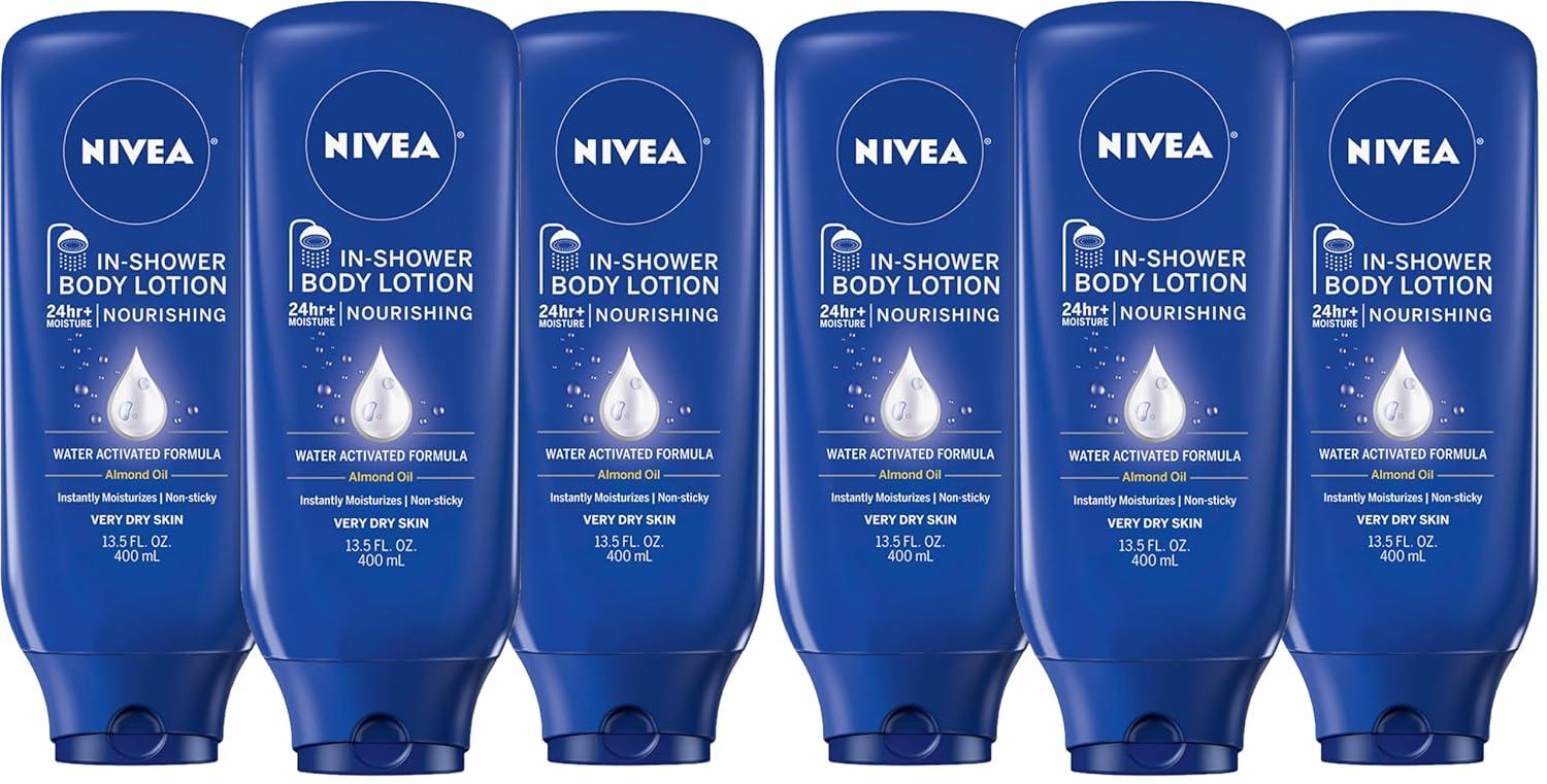 imageNIVEA Nourishing In Shower Lotion Water Activated In Shower Moisturizer for Dry to Very Dry Skin 135 FL OZ Pack of 3Almond