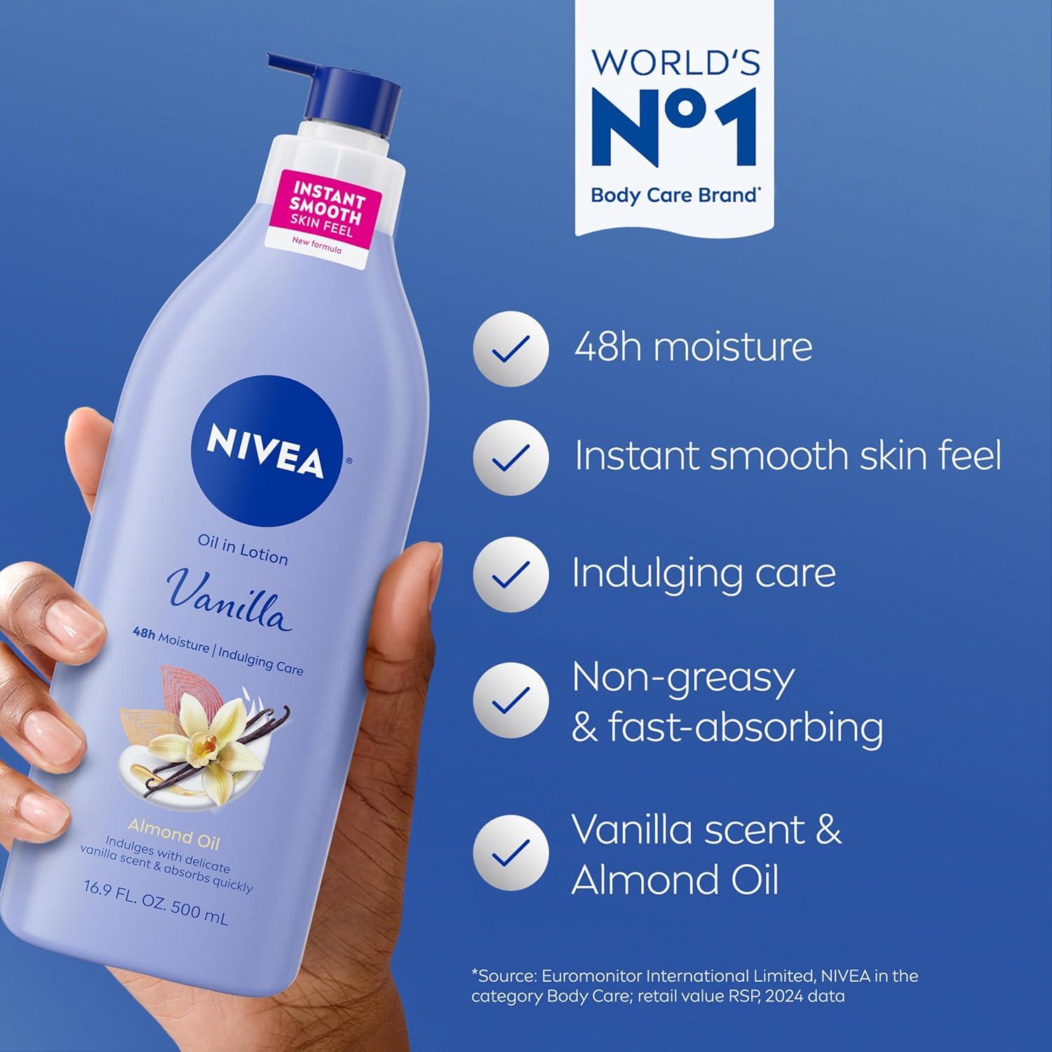 imageNIVEA Oil Infused Vanilla and Almond Oil Body Lotion for Women FastAbsorbing and NonGreasy Vanilla Scented Lotion Moisturizes for 48 Hours 169 Fl Oz Pump Bottle Pack of 3169 Fl Oz Pack of 3