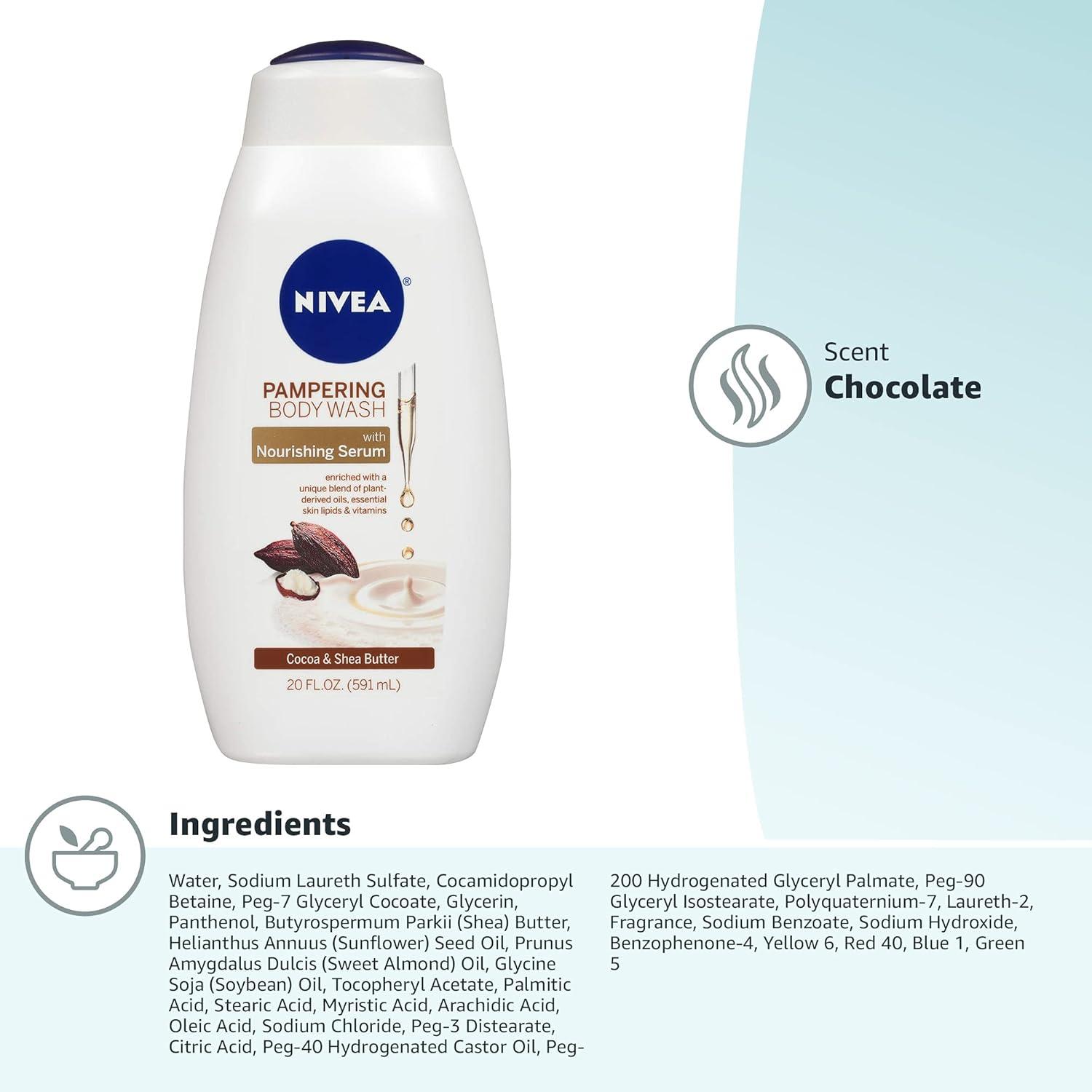 imageNIVEA Pampering Coconut and Almond Milk Body Wash with Nourishing Serum Moisturizing Body Wash for Women Enriched with Provitamin B5 and Vitamin E 20 Fl Oz BottleChocolate