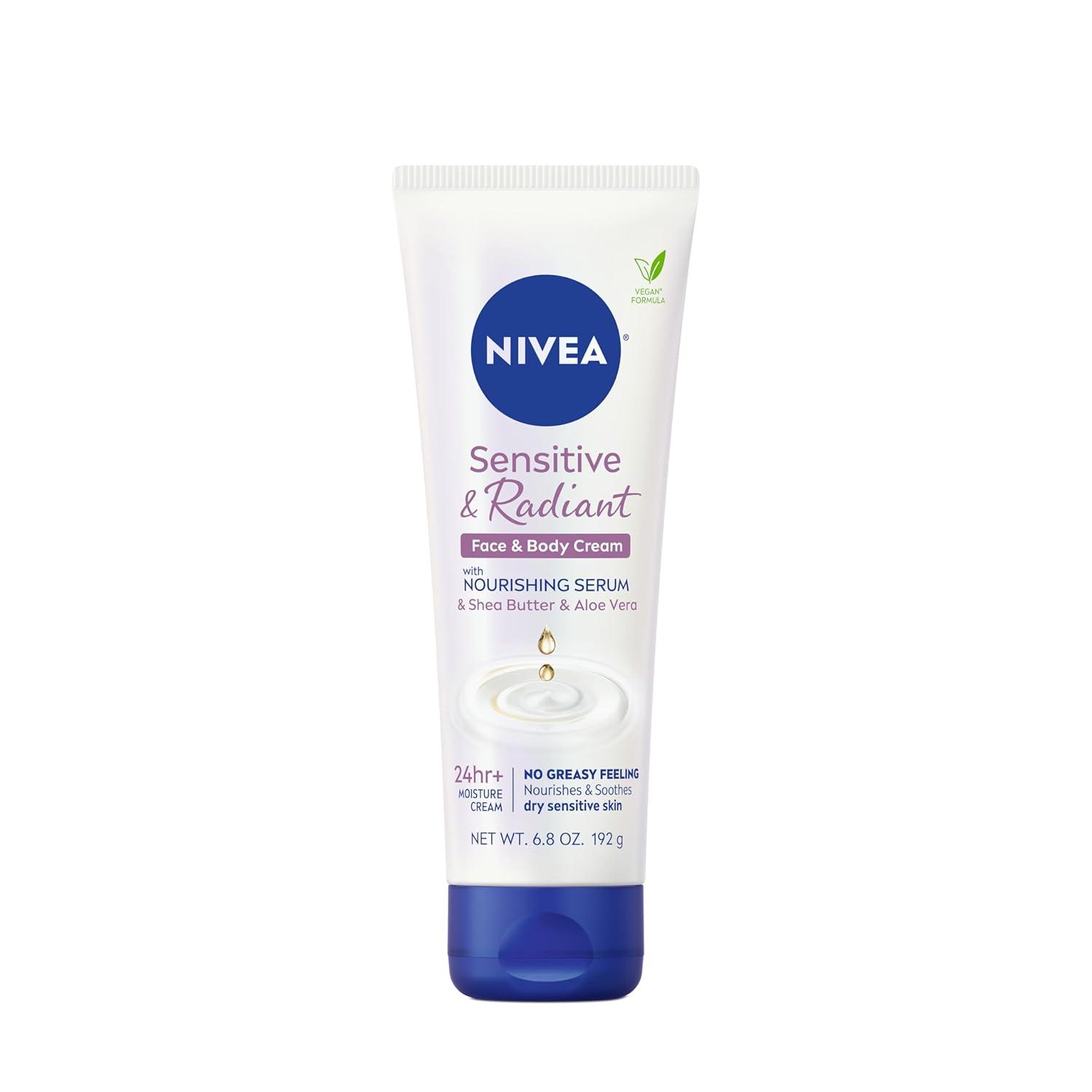 imageNIVEA Sensitive and Radiant Face and Body Cream for Dry Sensitive Skin Vegan Body and Face Moisturizer with Shea Butter and Aloe Vera 68 Oz Tube Pack of 3