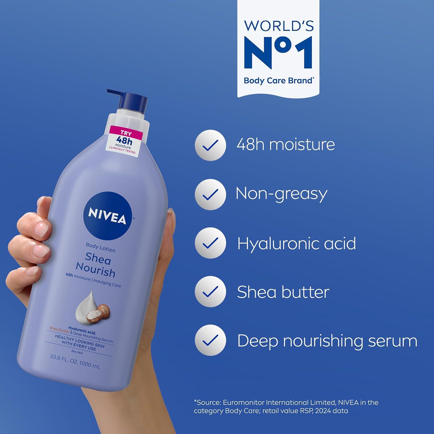 imageNIVEA Shea Nourish Body Lotion for Dry Skin with Hyaluronic Acid Shea Butter and Deep Nourishing Serum 48Hour Body Moisturizer 338 Fl Oz Pump Bottle