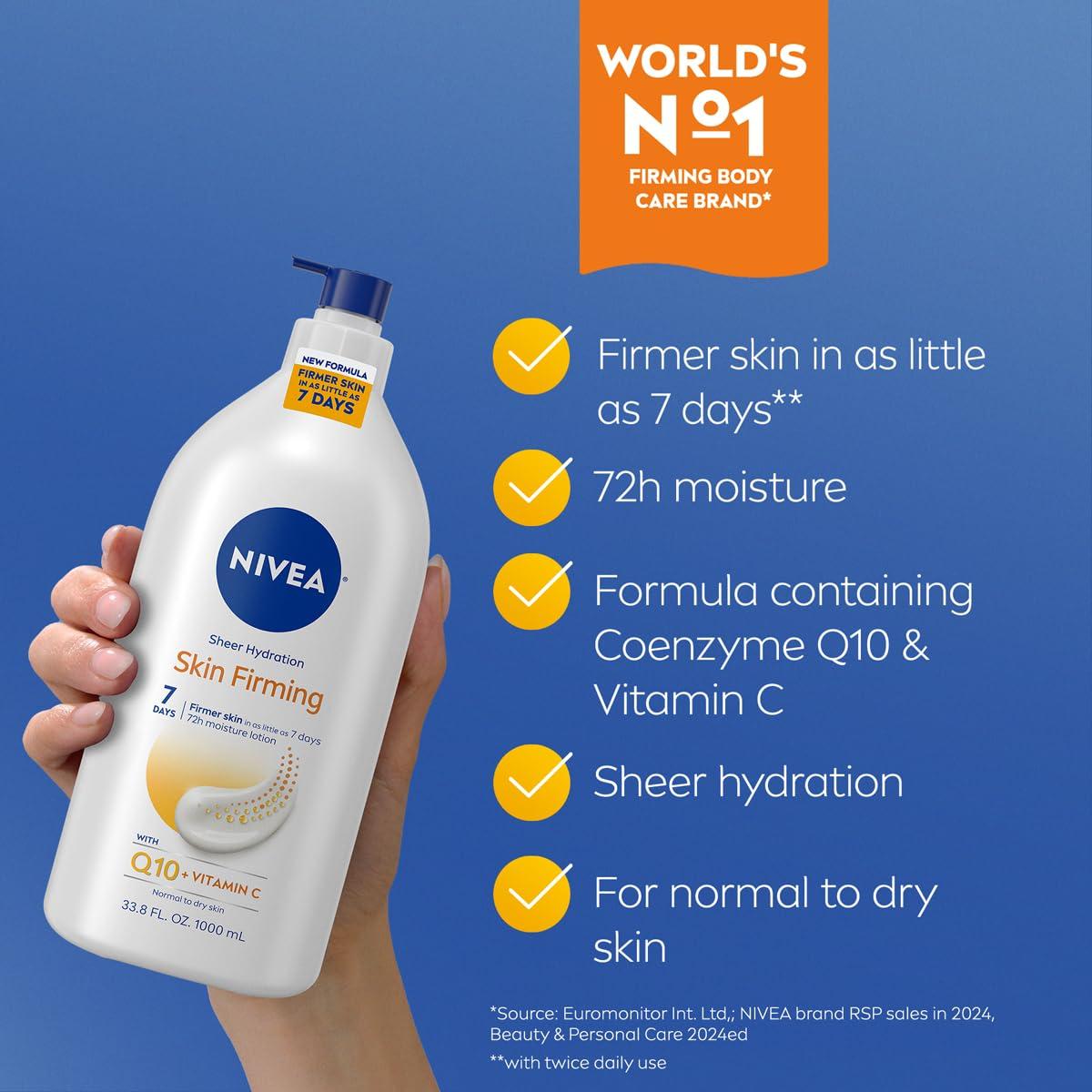 imageNIVEA Sheer Hydration Skin Firming Body Lotion with Q10 and Vitamin C 72Hour Body Moisturizer for Normal to Dry Skin 169 Fl Oz Pump Bottle338 Fl Oz Pack of 1