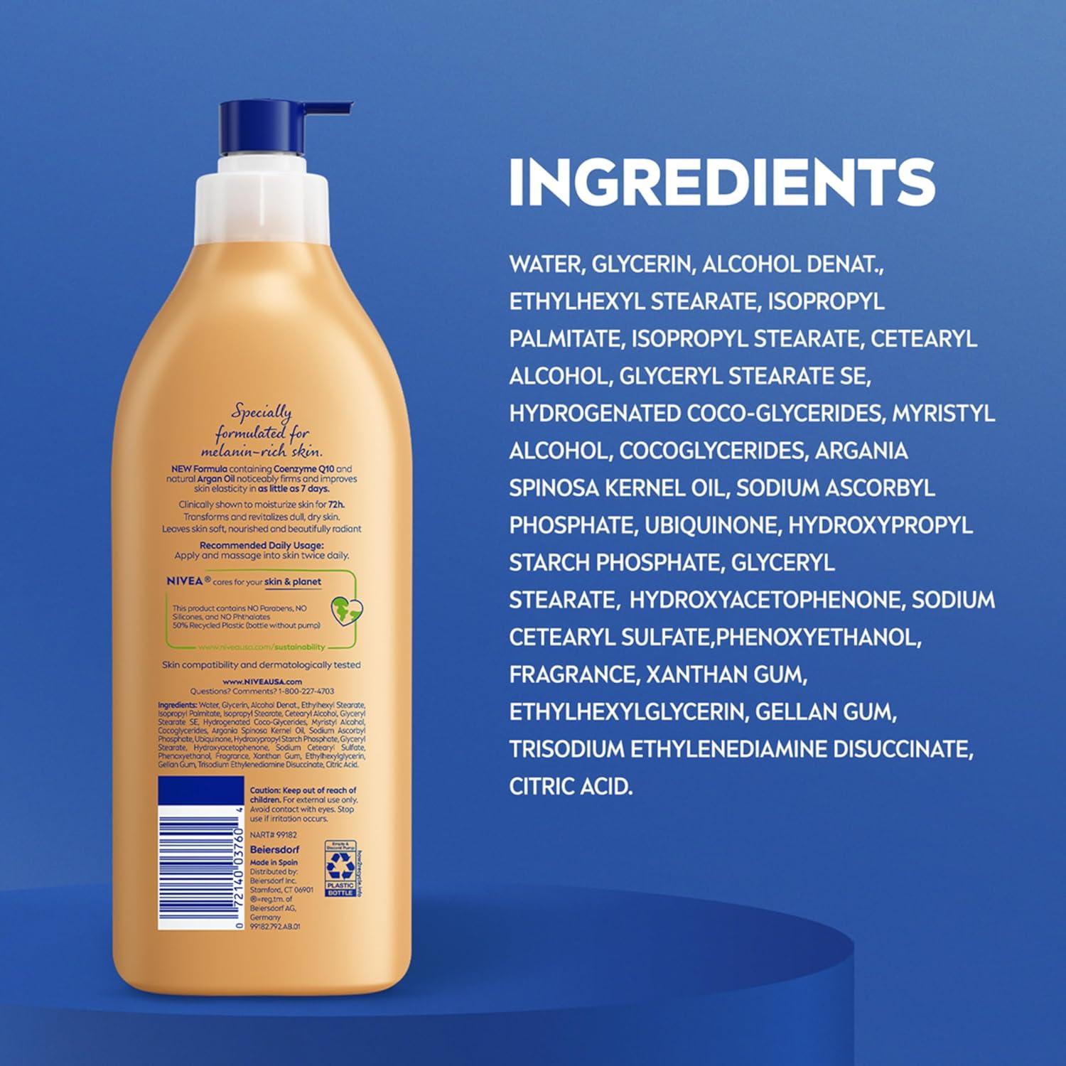 imageNIVEA Skin Firming Melanin Beauty amp Hydration Body Lotion with Q10 and Argan Oil Firmer Skin in as Little As Seven Days 169 Fl Oz Pump Bottle169 Fl Oz Pack of 2