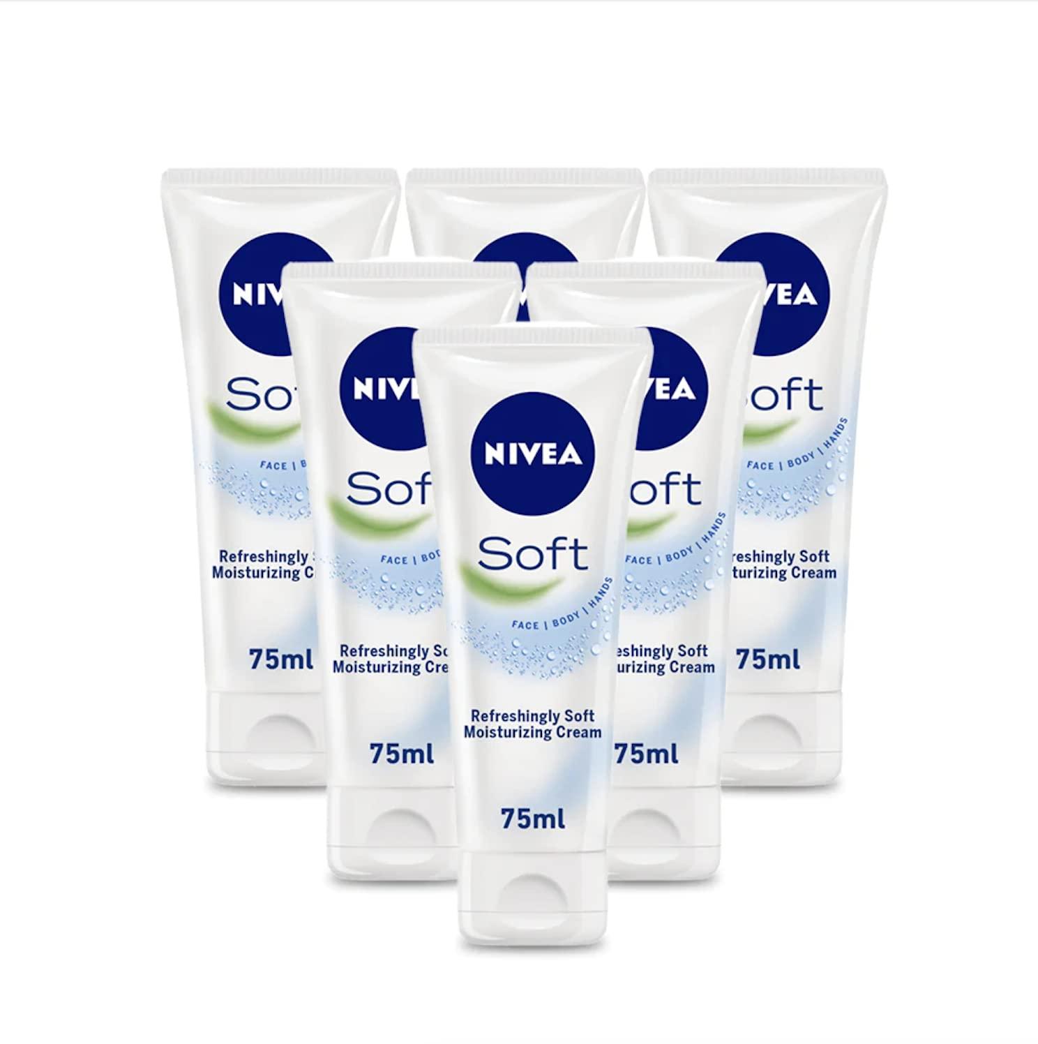 imageNIVEA Soft Refreshingly Soft Moisturizing Cream Lightweight Moisturizer for Face Body and Hands Body Cream Enriched with Jojoba Oil and Vitamin E 26 Oz Tube Pack of 326 Ounce Pack of 6