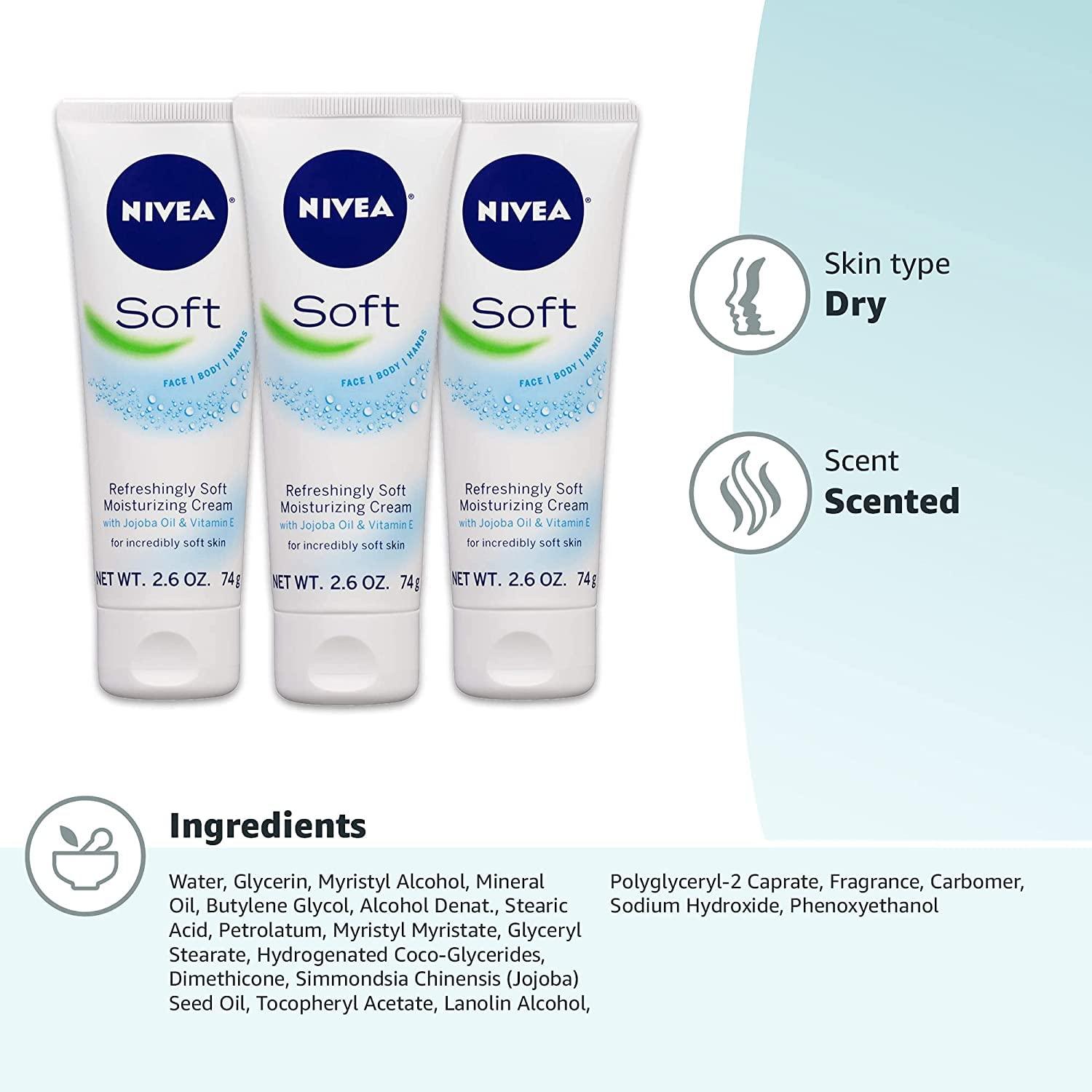 imageNIVEA Soft Refreshingly Soft Moisturizing Cream Lightweight Moisturizer for Face Body and Hands Body Cream Enriched with Jojoba Oil and Vitamin E 26 Oz Tube Pack of 326 Ounce Pack of 6