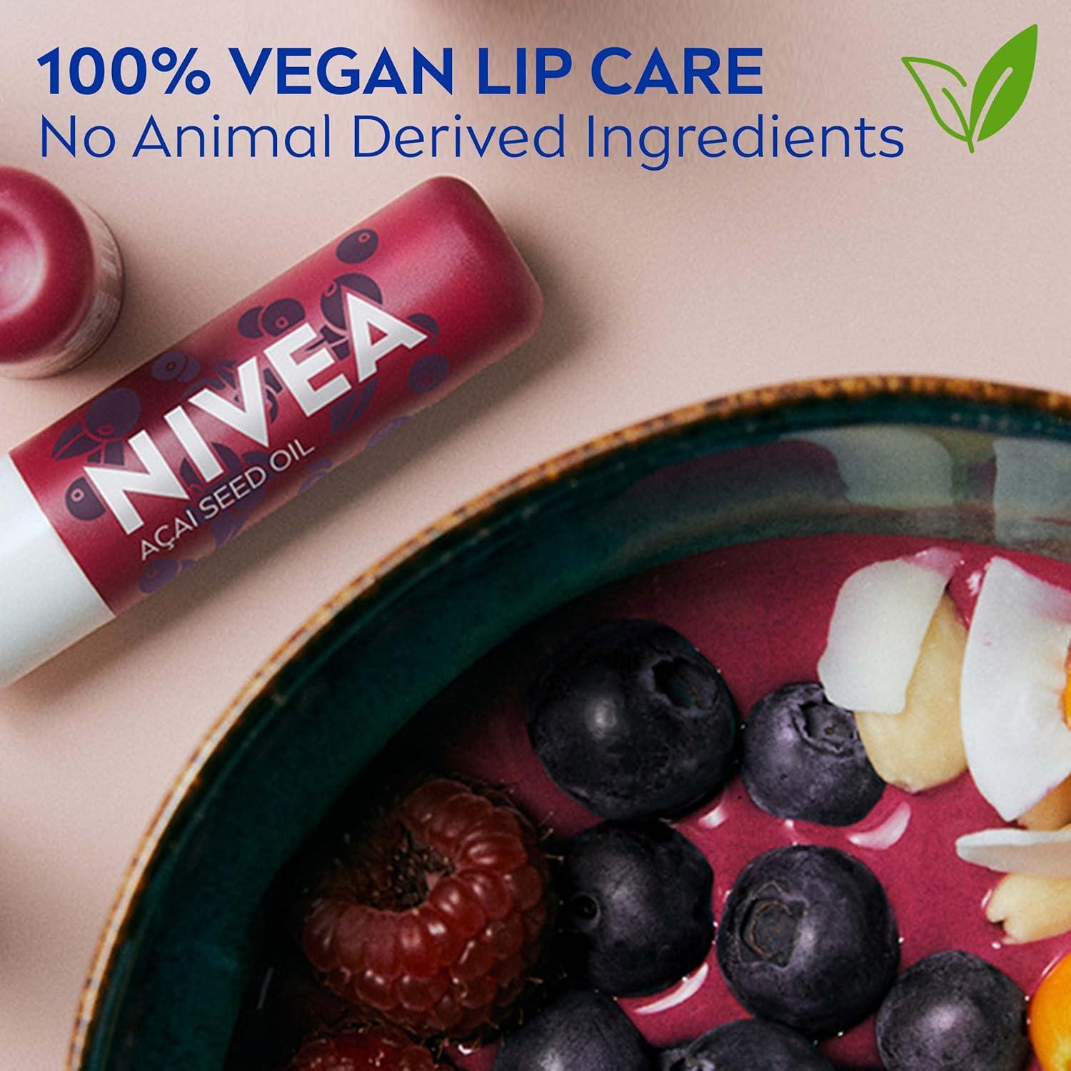 imageNIVEA Vegan Lip Care Acai Seed Oil and Shea Butter Lip Balm Stick 017 Oz Pack of 4Acai