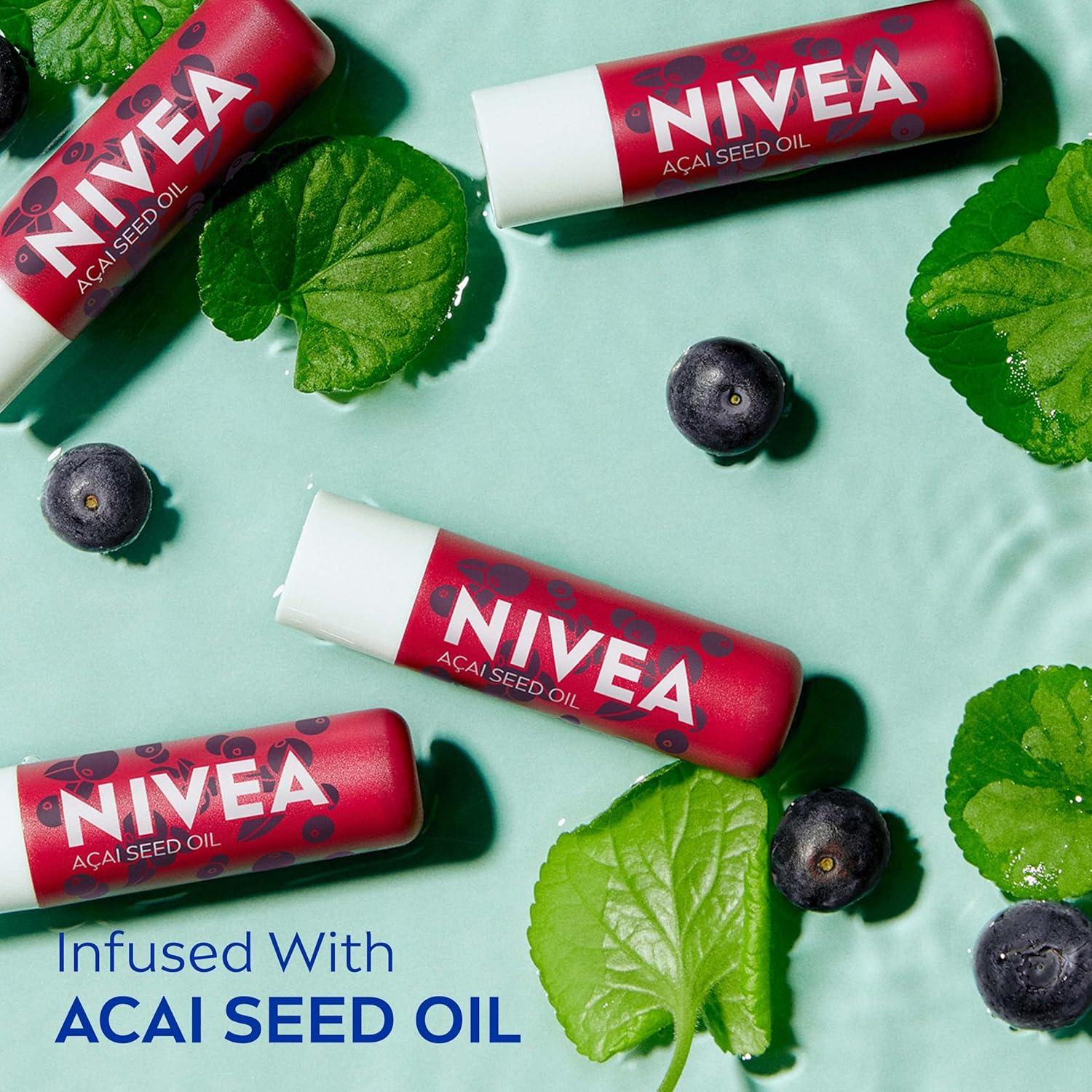 imageNIVEA Vegan Lip Care Acai Seed Oil and Shea Butter Lip Balm Stick 017 Oz Pack of 4Acai