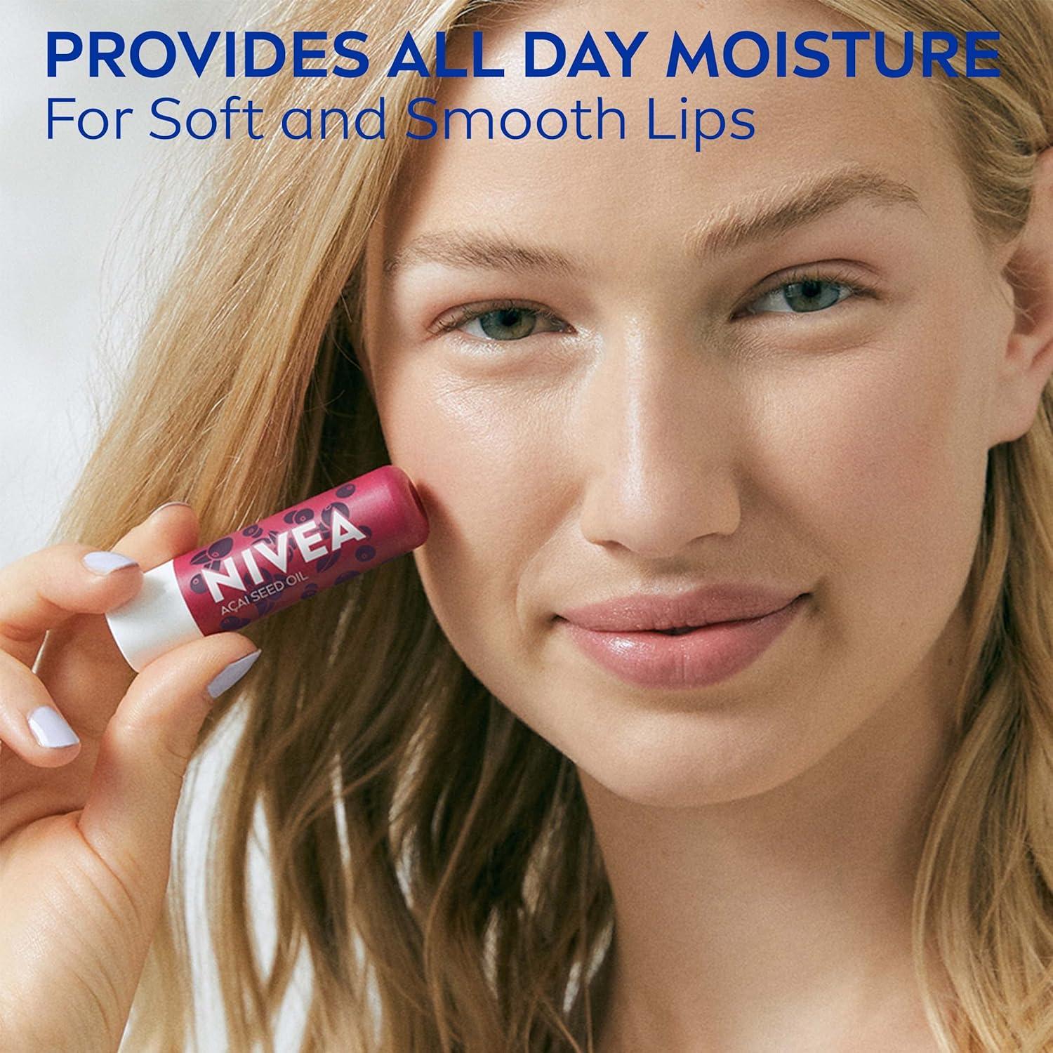 imageNIVEA Vegan Lip Care Acai Seed Oil and Shea Butter Lip Balm Stick 017 Oz Pack of 4Acai and Hemp