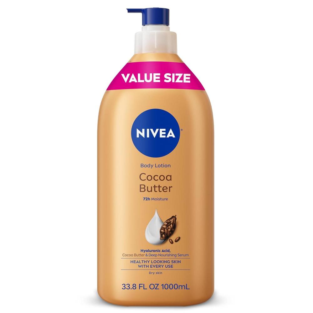 imageNIVEA Cocoa Butter Body Lotion for Dry Skin with Hyaluronic Acid Cocoa Butter and Deep Nourishing Serum 72Hour Body Moisturizer 338 Fl Oz Value Size Pump Bottle338 Fl Oz Pack of 1