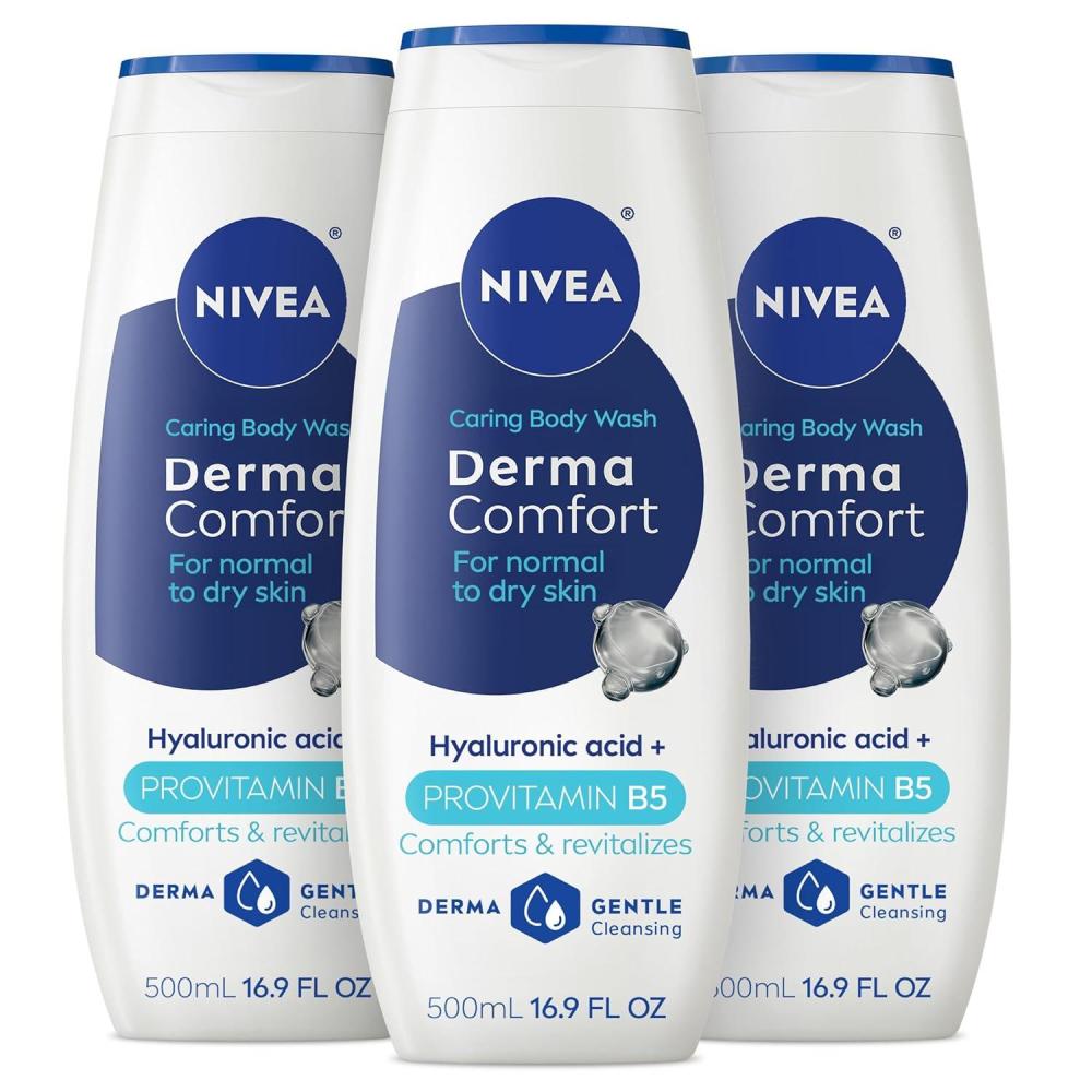 imageNIVEA Derma Comfort Caring Body Wash for Normal to Dry Skin Body Wash with Hyaluronic Acid and Provitamin B5 169 Fl Oz Bottle Pack of 3