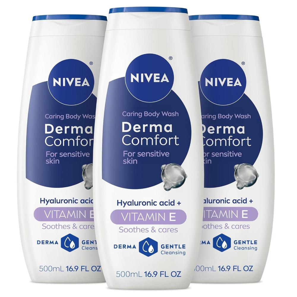 imageNIVEA Derma Comfort Caring Body Wash for Sensitive Skin Body Wash with Hyaluronic Acid Mothers Day Gifts 169 Fl Oz Bottle Pack of 3