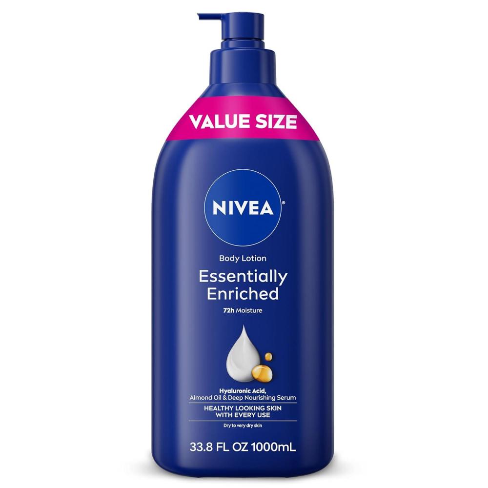 imageNIVEA Essentially Enriched Body Lotion for Very Dry Skin with Hyaluronic Acid Almond Oil and Deep Nourishing Serum 72Hour Body Moisturizer 338 Fl Oz Value Size Pump Bottle
