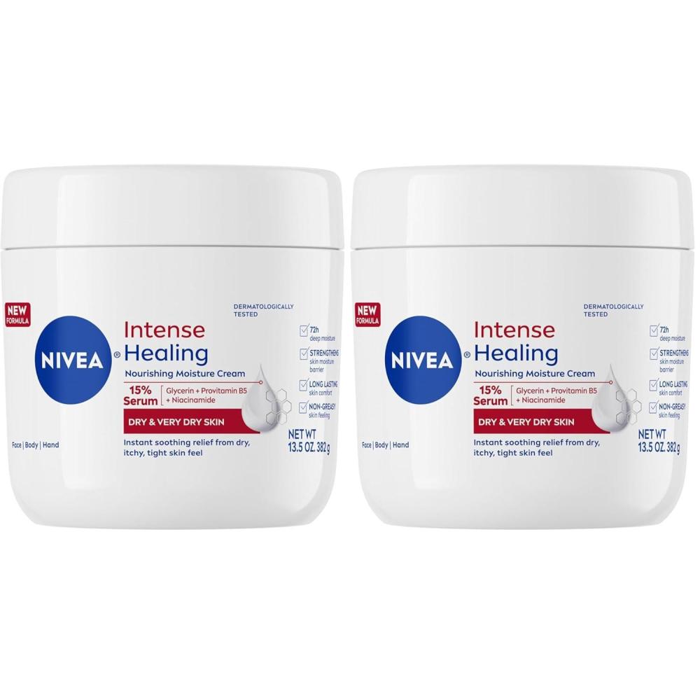 imageNIVEA Intense Healing Body Cream for Dry Skin with Glycerin Provitamin B5 and Niacinamide 72Hour Moisture NonGreasy Body Moisturizer Immediately Soothes Dry Itchy Skin Feeling 135 Oz Jar135 Ounce Pack of 2