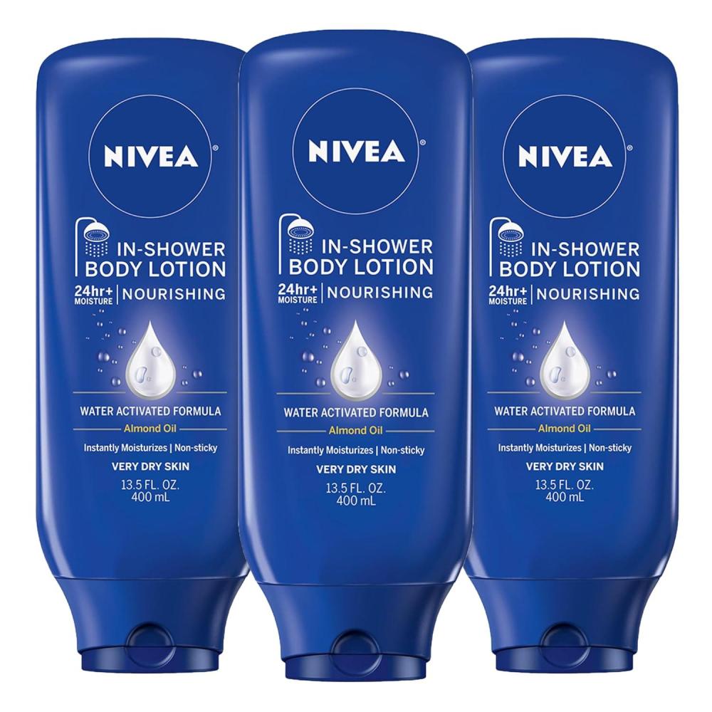 imageNIVEA Nourishing In Shower Lotion Water Activated In Shower Moisturizer for Dry to Very Dry Skin 135 FL OZ Pack of 3Almond