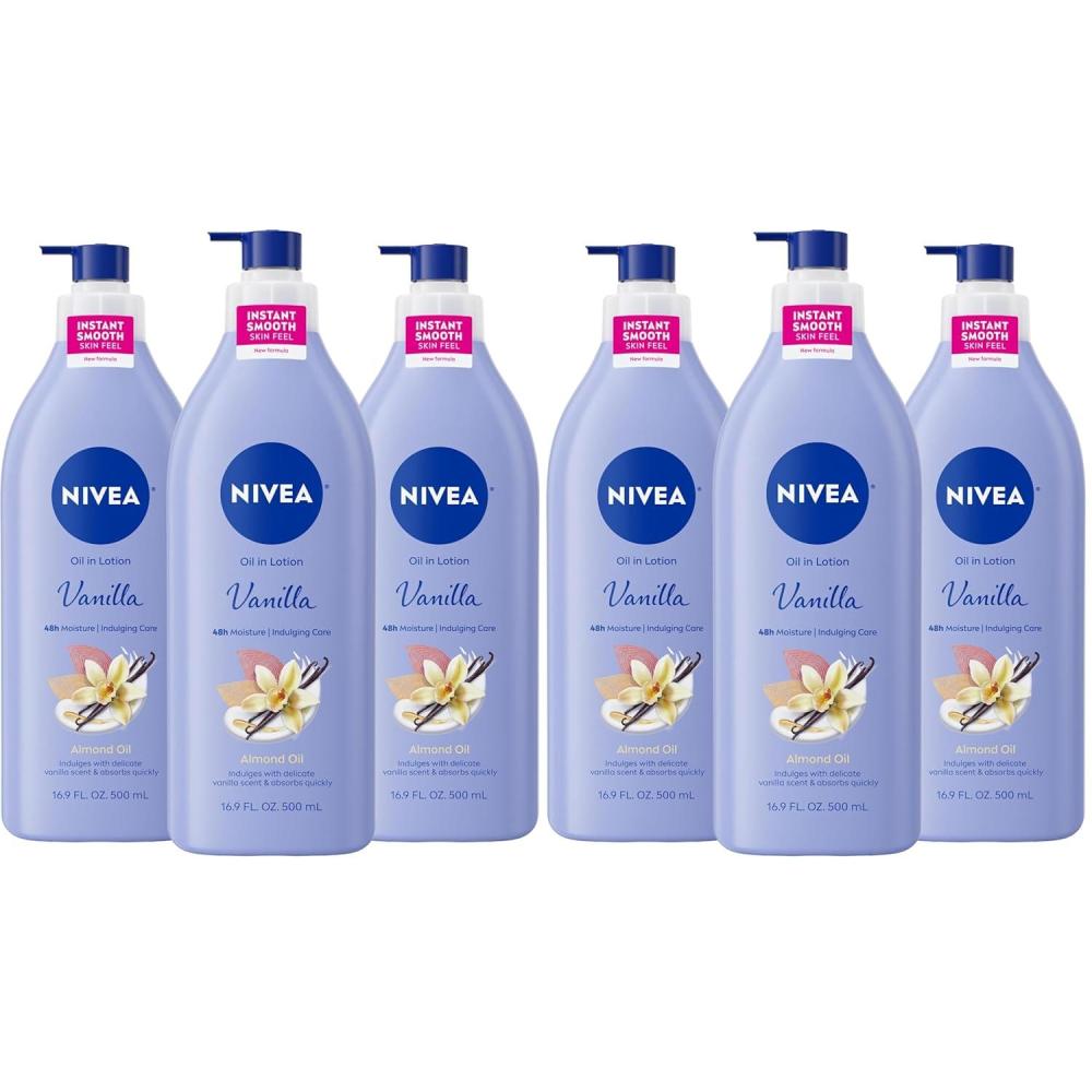 imageNIVEA Oil Infused Vanilla and Almond Oil Body Lotion for Women FastAbsorbing and NonGreasy Vanilla Scented Lotion Moisturizes for 48 Hours 169 Fl Oz Pump Bottle Pack of 3169 Fl Oz Pack of 6