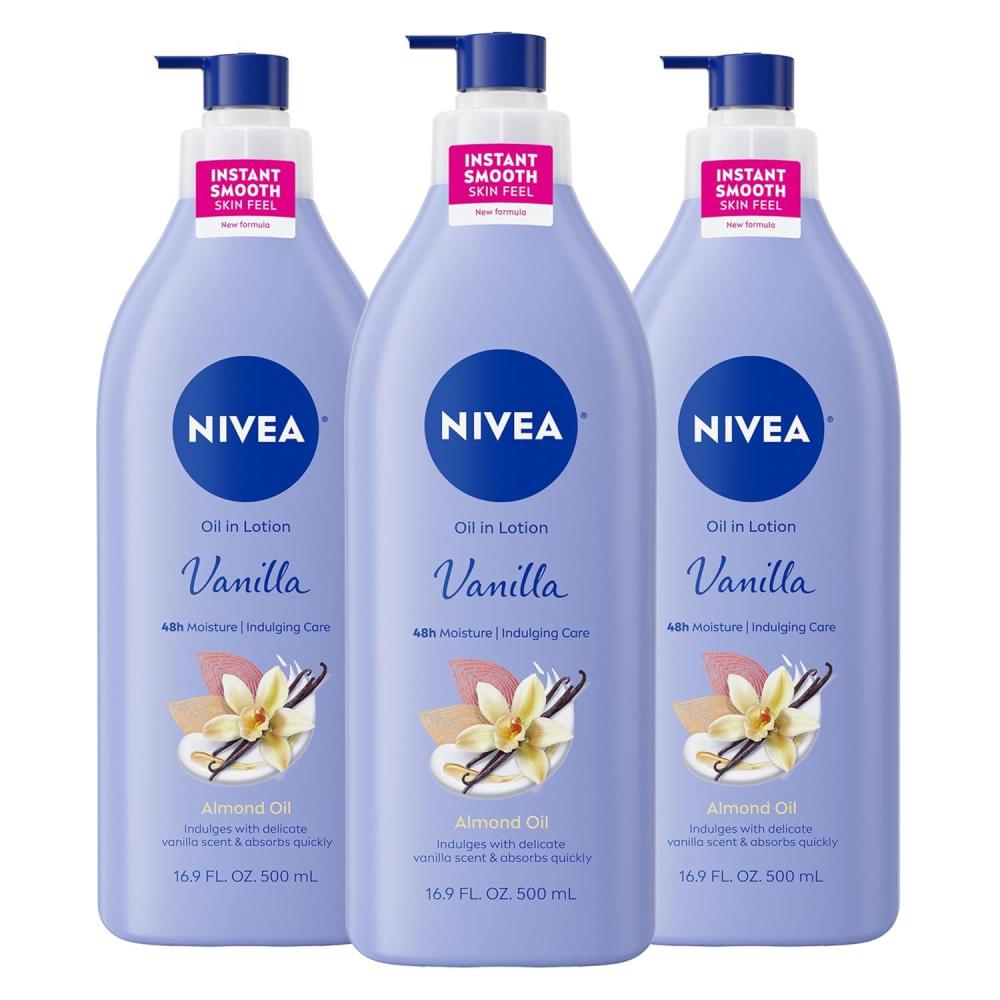imageNIVEA Oil Infused Vanilla and Almond Oil Body Lotion for Women FastAbsorbing and NonGreasy Vanilla Scented Lotion Moisturizes for 48 Hours 169 Fl Oz Pump Bottle Pack of 3169 Fl Oz Pack of 3