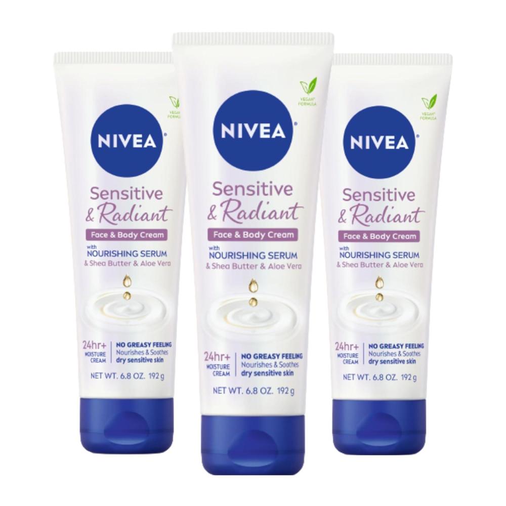 imageNIVEA Sensitive and Radiant Face and Body Cream for Dry Sensitive Skin Vegan Body and Face Moisturizer with Shea Butter and Aloe Vera 68 Oz Tube Pack of 3