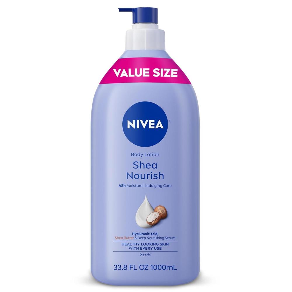 imageNIVEA Shea Nourish Body Lotion for Dry Skin with Hyaluronic Acid Shea Butter and Deep Nourishing Serum 48Hour Body Moisturizer 338 Fl Oz Pump Bottle