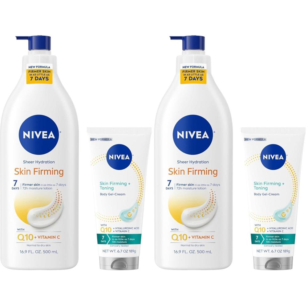 imageNIVEA Sheer Hydration Skin Firming Body Lotion 169 Fl Oz Skin Firming amp Toning Body Gel Cream with Hyaluronic Acid 67 Oz Enriched with Q10 and Vitamin C118 Fl Oz Pack of 4