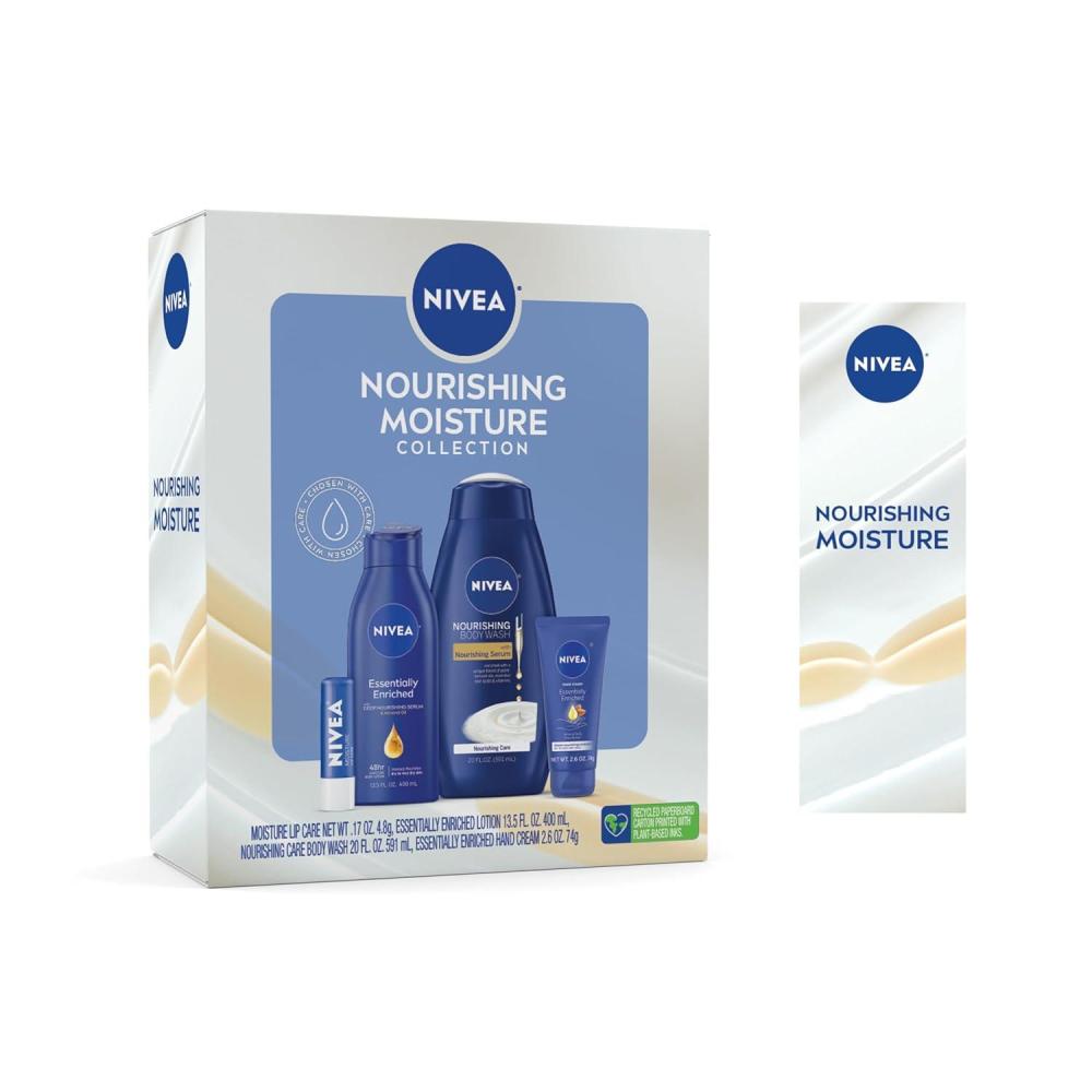 imageNIVEA Skin Care Set For Her Nourishing Body Wash Moisturizing Body Lotion Lip Balm Stick with Shea Butter amp Hand Cream 4 Piece Gift Set