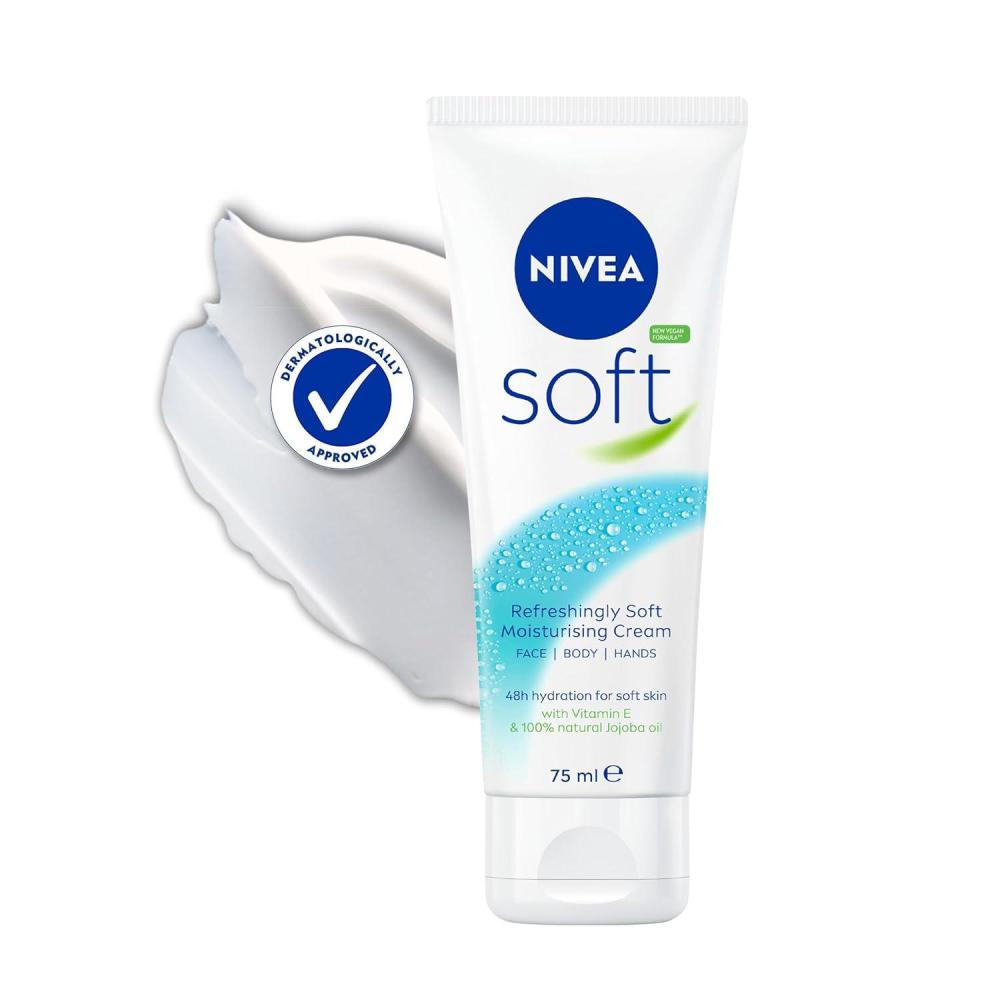 imageNIVEA Soft Refreshingly Soft Moisturizing Cream Lightweight Moisturizer for Face Body and Hands Body Cream Enriched with Jojoba Oil and Vitamin E 26 Oz Tube Pack of 325 Fl Oz Pack of 1