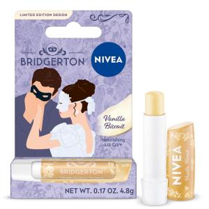 NIVEA Blackberry Pie Lip Balm, Nourishing Lip Care, Bridgerton Limited Edition Tinted Lip Balm with Blackberry Flavor and Shea Butter, 3-in-1 Moisture, Repair and Color, 0.17 Oz Stick(Bridgerton Vanilla Biscuit)
