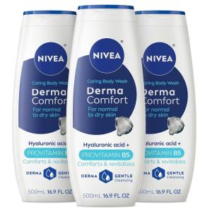 NIVEA Derma Comfort Caring Body Wash for Normal to Dry Skin, Body Wash with Hyaluronic Acid and Provitamin B5, 16.9 Fl Oz Bottle, Pack of 3