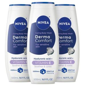NIVEA Derma Comfort Caring Body Wash for Sensitive Skin, Body Wash with Hyaluronic Acid, Mothers Day Gifts, 16.9 Fl Oz Bottle, Pack of 3