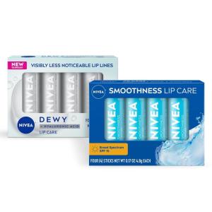 NIVEA Lip Balm Set, Smoothness Lip Care with Broad Spectrum SPF 15 Sunscreen, 0.17 Oz (Pack of 4) + Dewy with Hyaluronic Acid, 0.18 Oz (Pack of 4), Long-Lasting Moisture(0.17 Ounce (Pack of 8))