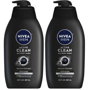 NIVEA MEN Real Madrid Limited Edition Design Active Clean Body Wash with Natural Charcoal for Normal to Oily Skin, 3-in-1 Charcoal Body Wash, Face and Hair, 16.9 Fl Oz Bottle, Pack of 3(30 Fl Oz (Pack of 2))